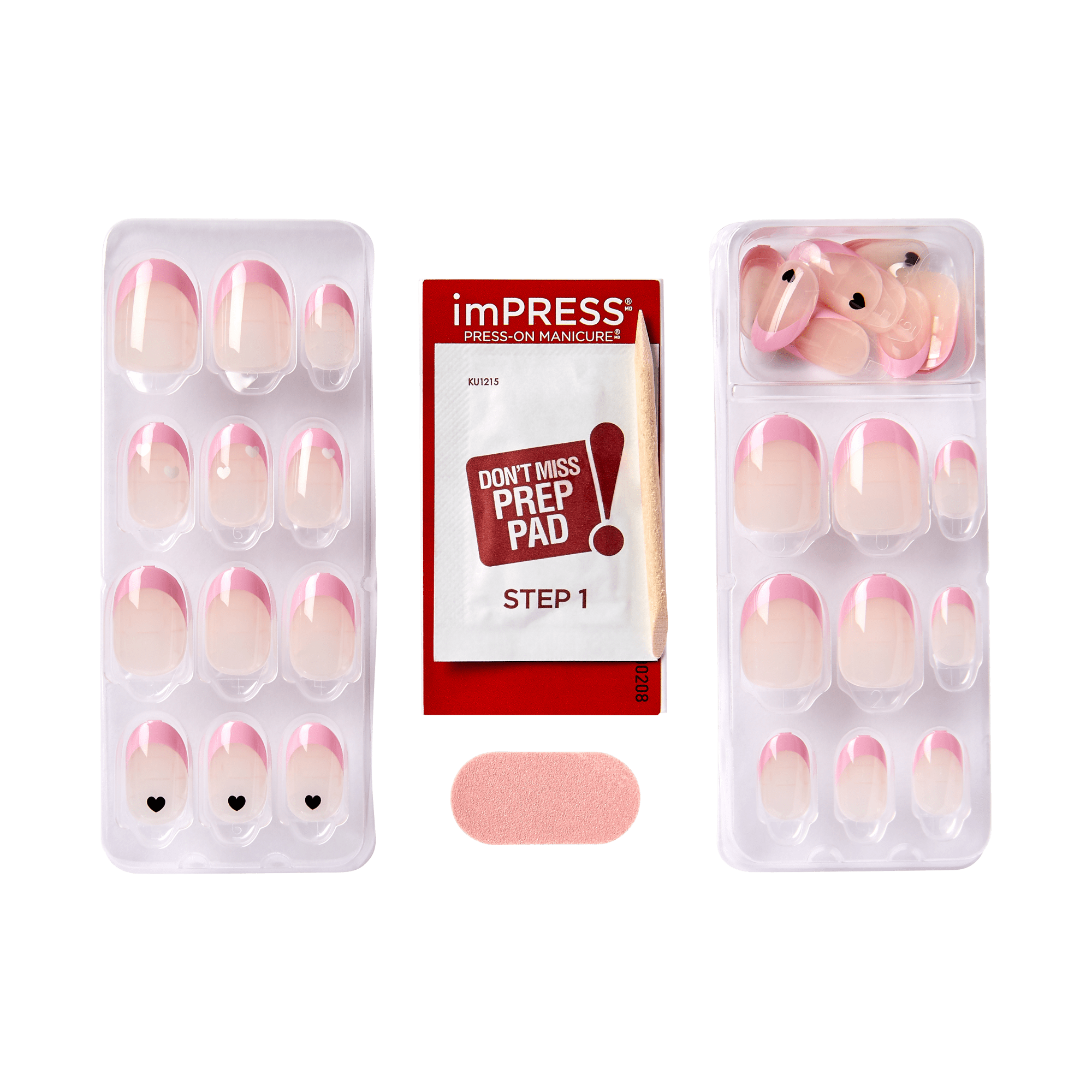 Two trays of imPRESS French Press On Nails in light pink with darker pink tips and small black heart accents, a red card with a prep pad labeled \