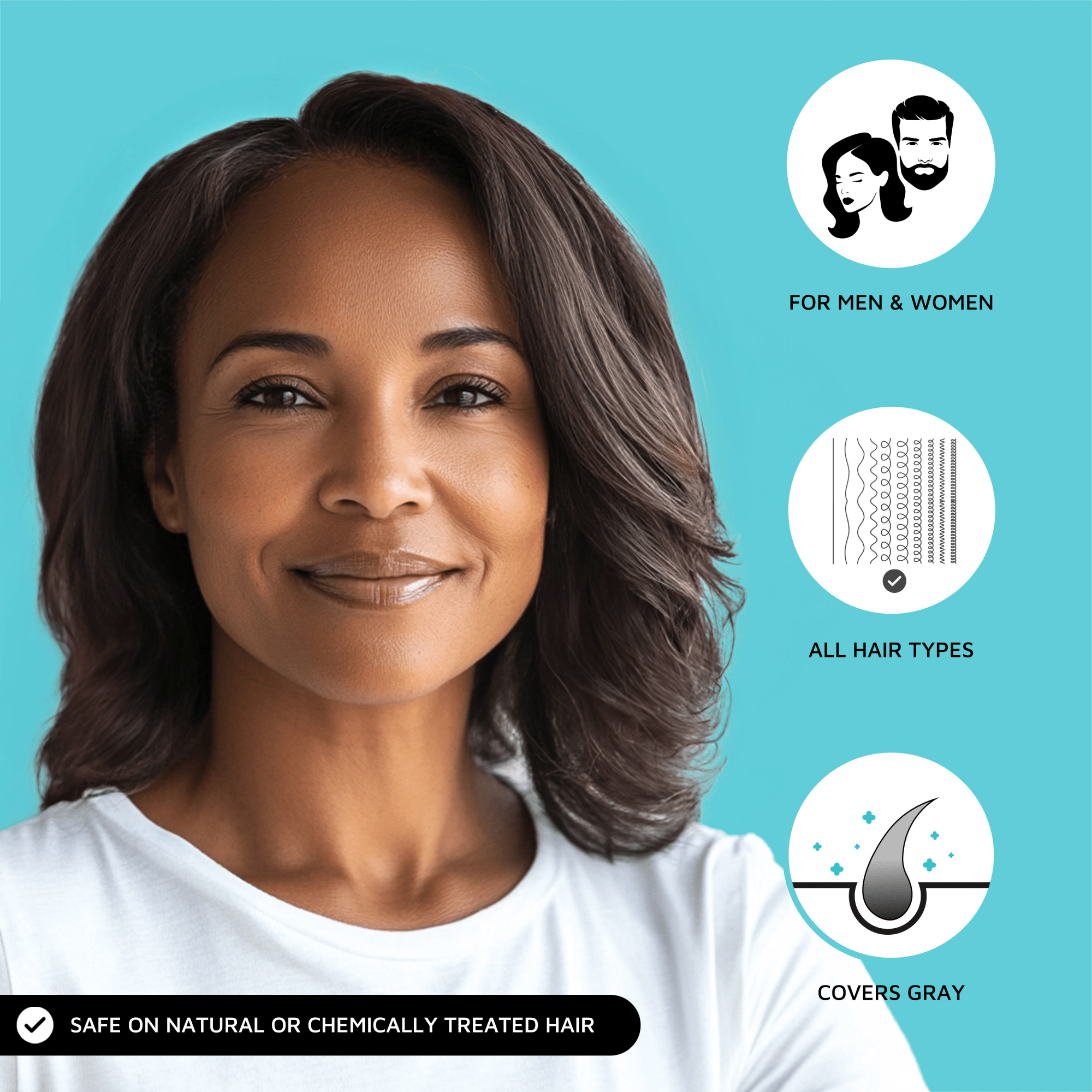 Smiling woman with dark brown hair on blue background, with icons indicating product is for men & women, all hair types, covers gray, and safe on natural or chemically treated hair.