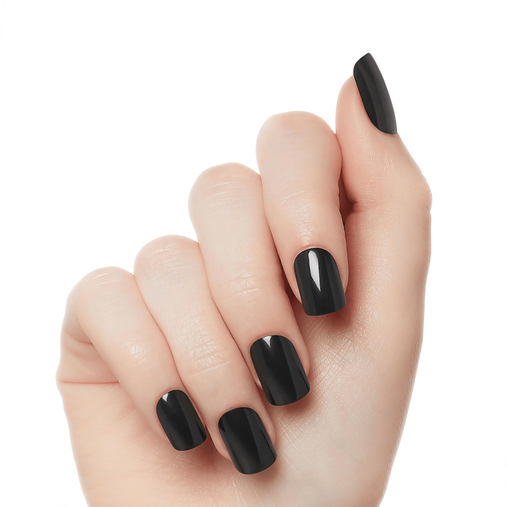 Hand displaying five glossy black press-on nails with a slightly rounded square shape, showcasing the KISS Gel Fantasy press-on nails in the Aim High style.