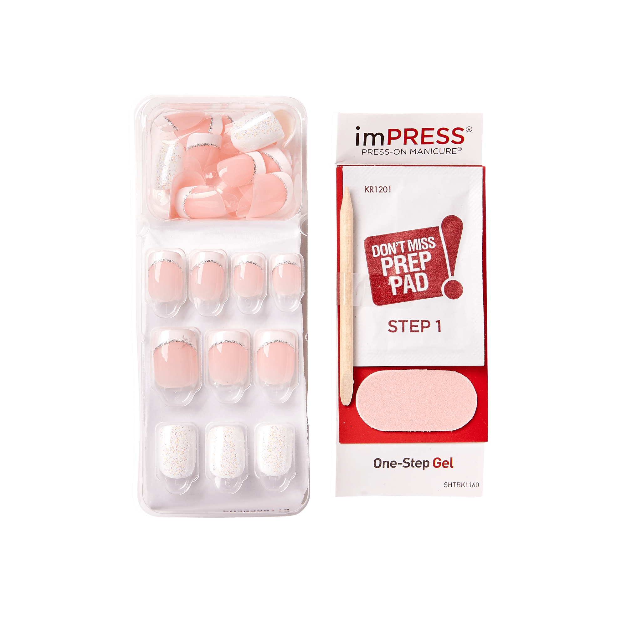 Set of pink and white glitter press-on nails in clear plastic packaging, alongside a nail prep kit with a wooden stick, prep pad, and text \