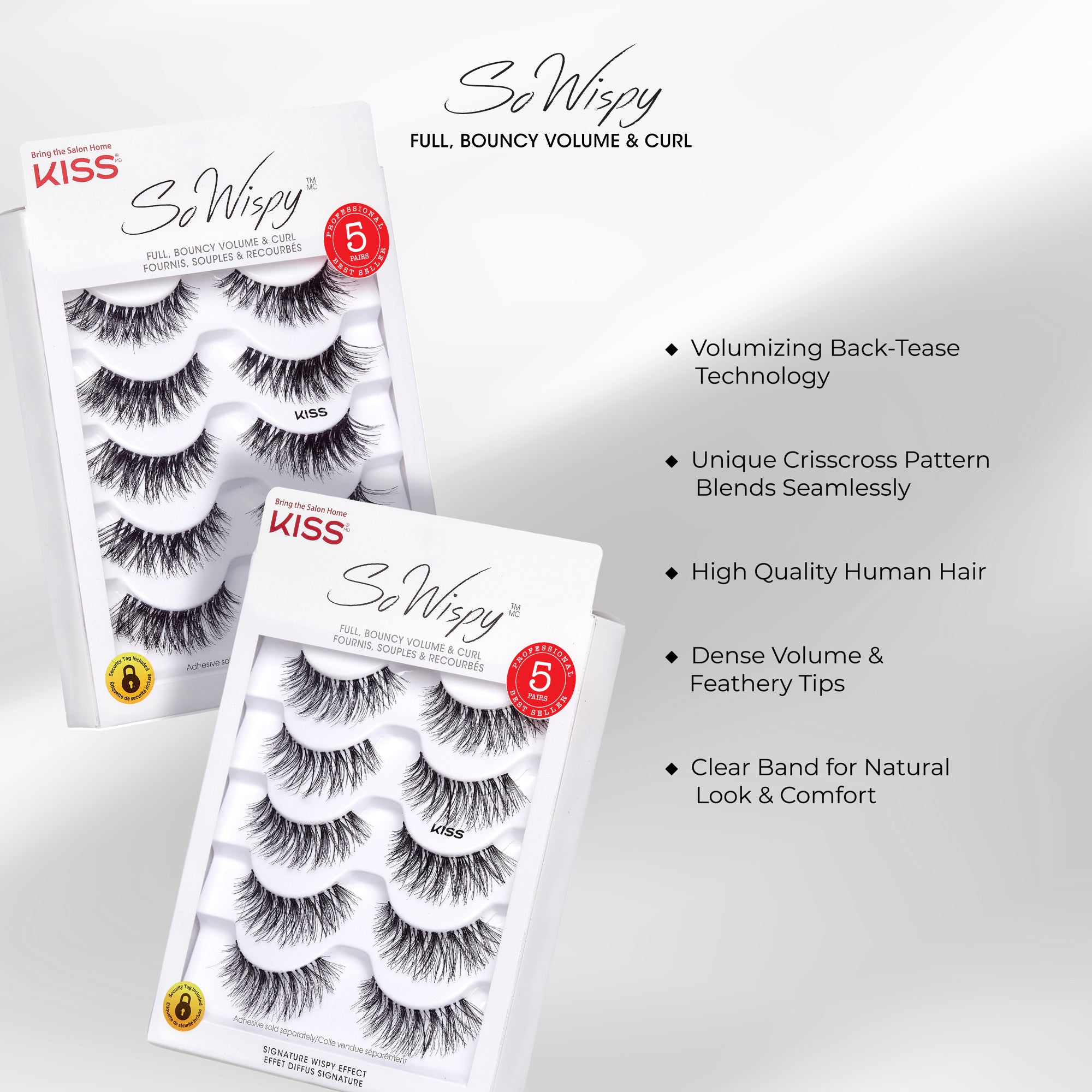 Two white rectangular packages of KISS So Wispy false eyelashes shown at an angle, each containing five pairs of wispy, voluminous lashes with a crisscross pattern.