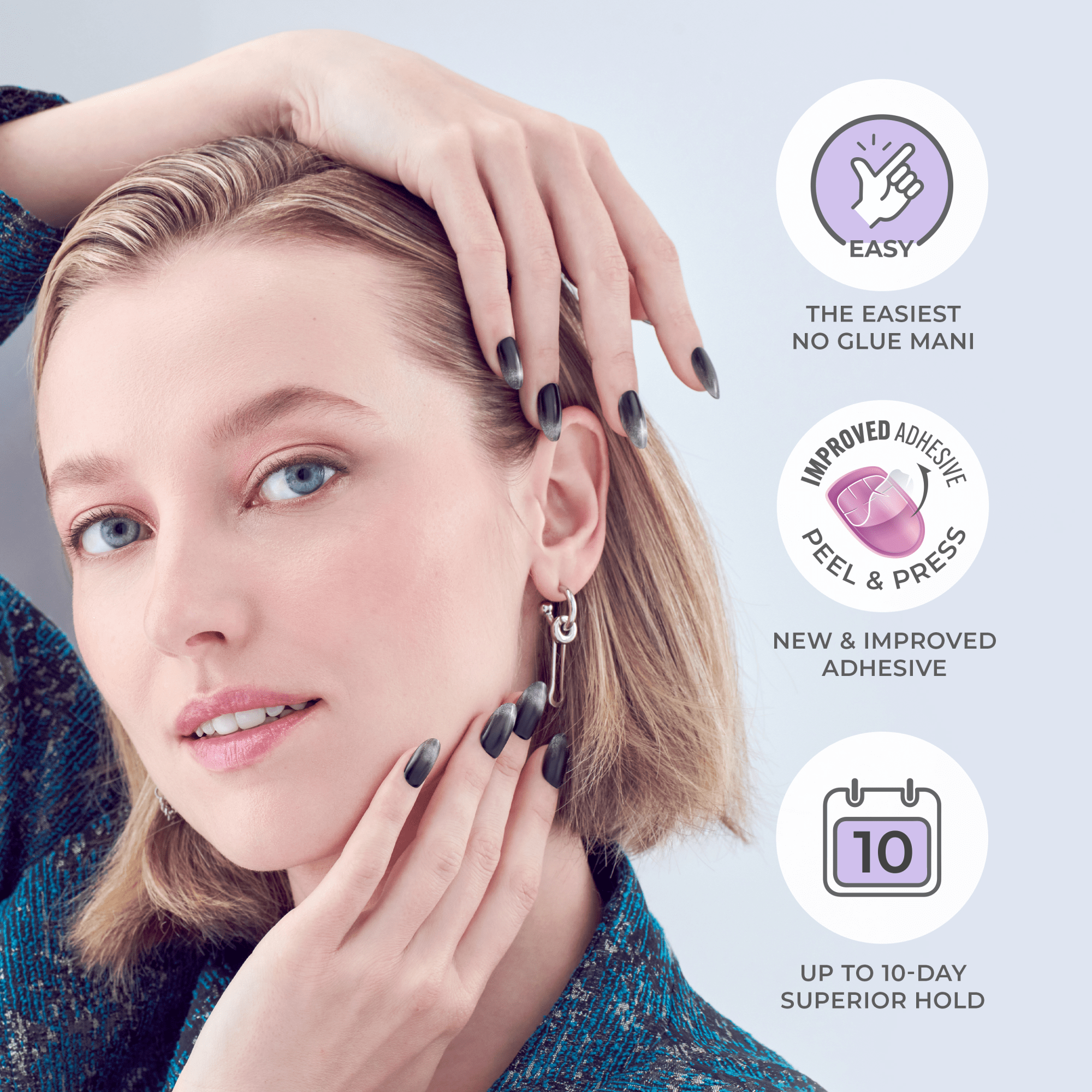 Young woman with short blonde hair wears long black ombre press-on nails, posing with hands near face. Text highlights easy no-glue application, new improved adhesive, and up to 10-day hold.
