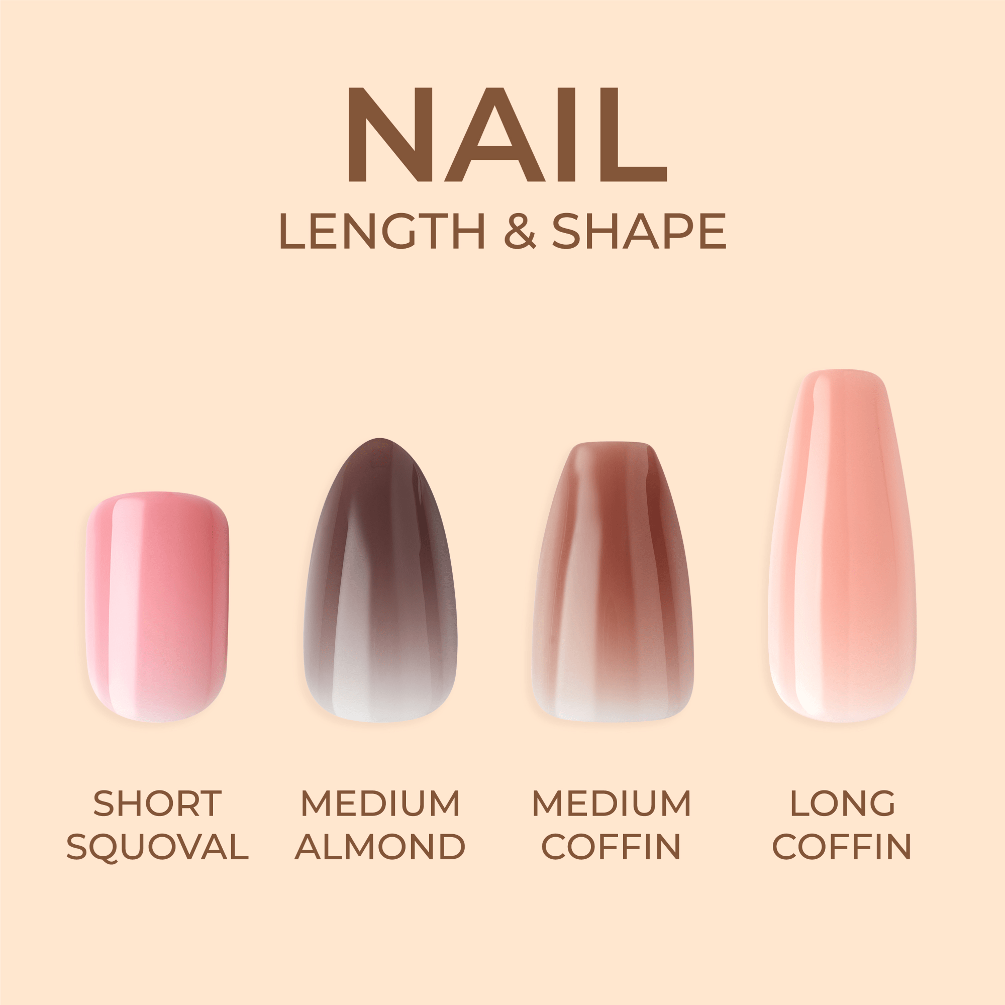 Four press-on nail shapes and lengths on a beige background labeled \