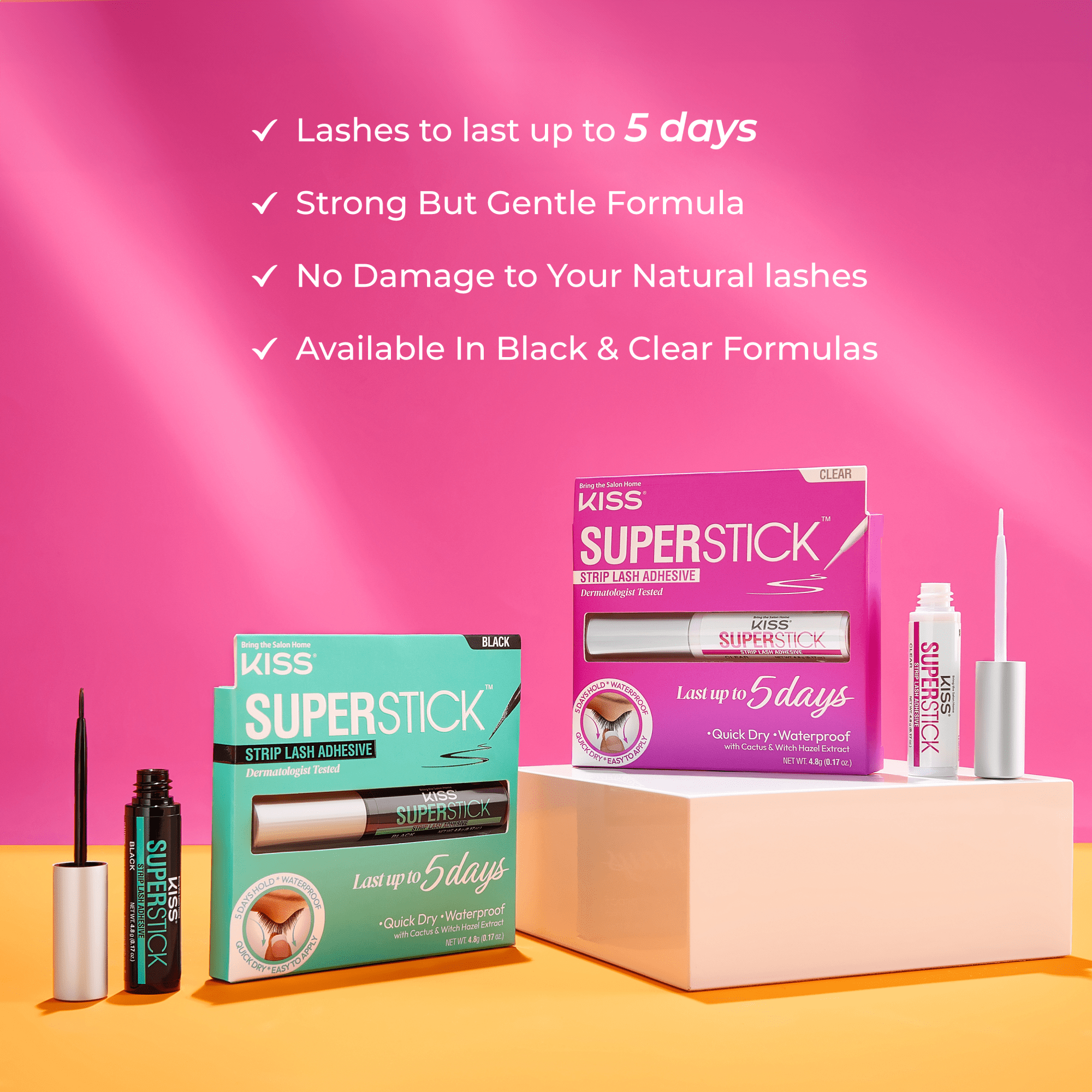 KISS Superstick strip lash adhesive in black and clear formulas displayed with packaging on pink and yellow background.