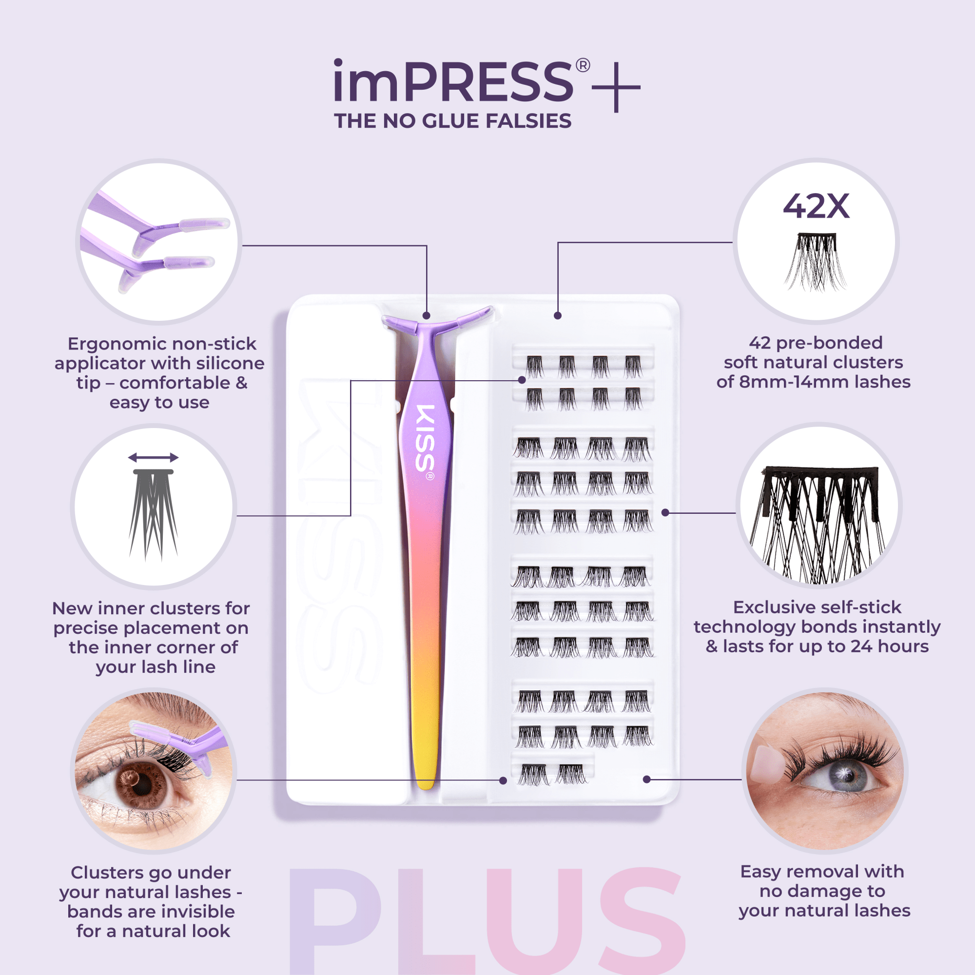 imPRESS+ no glue falsies product features: applicator, 42 clusters, self-stick technology, natural lashes.
