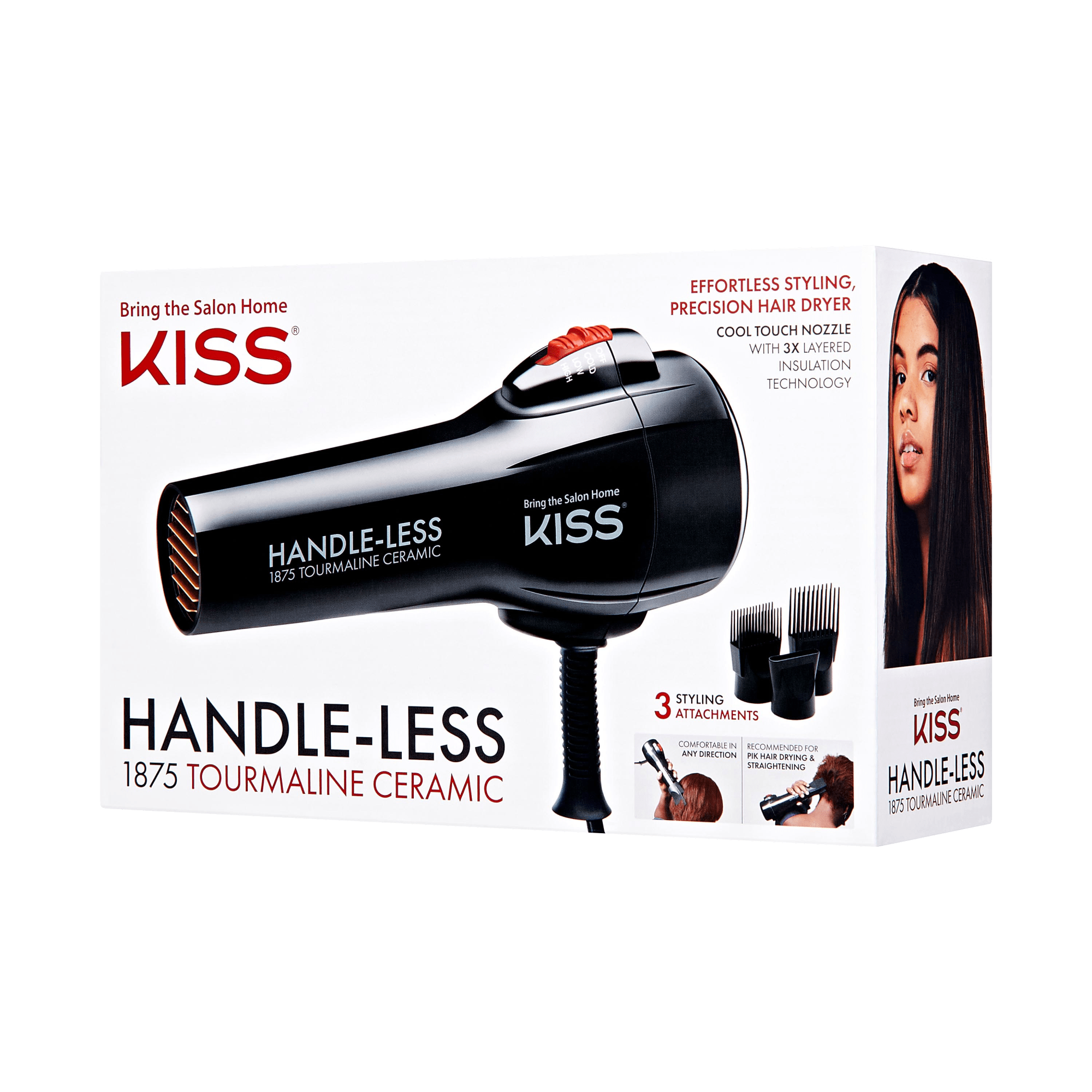 Black handle-less 1875 tourmaline ceramic hair dryer with red control switch shown on white box, featuring 3 styling attachments and a model with long straight hair. Text highlights effortless styling, cool touch nozzle, and layered insulation technology.