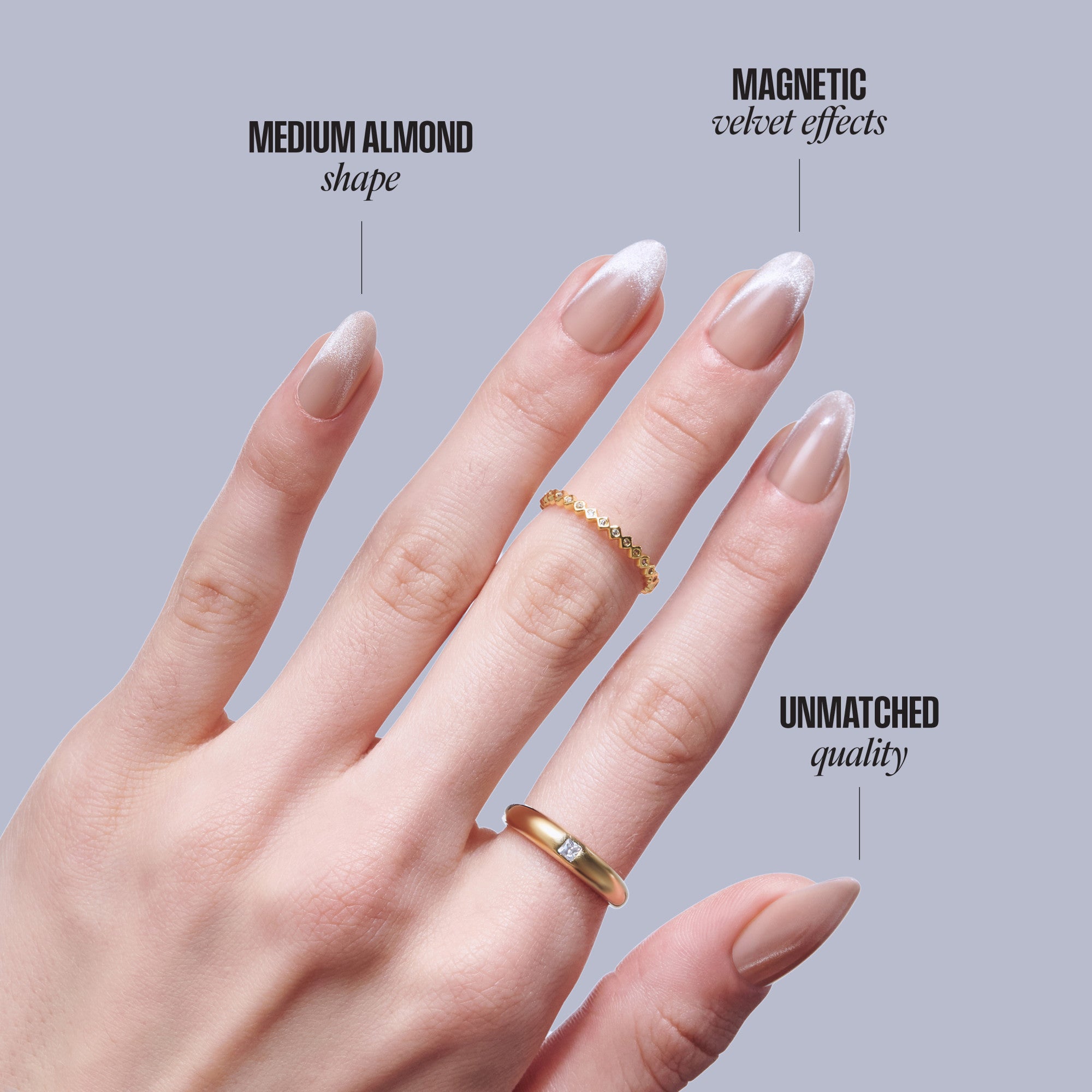 Medium almond nails with magnetic velvet effects and unmatched quality finish, wearing gold rings.