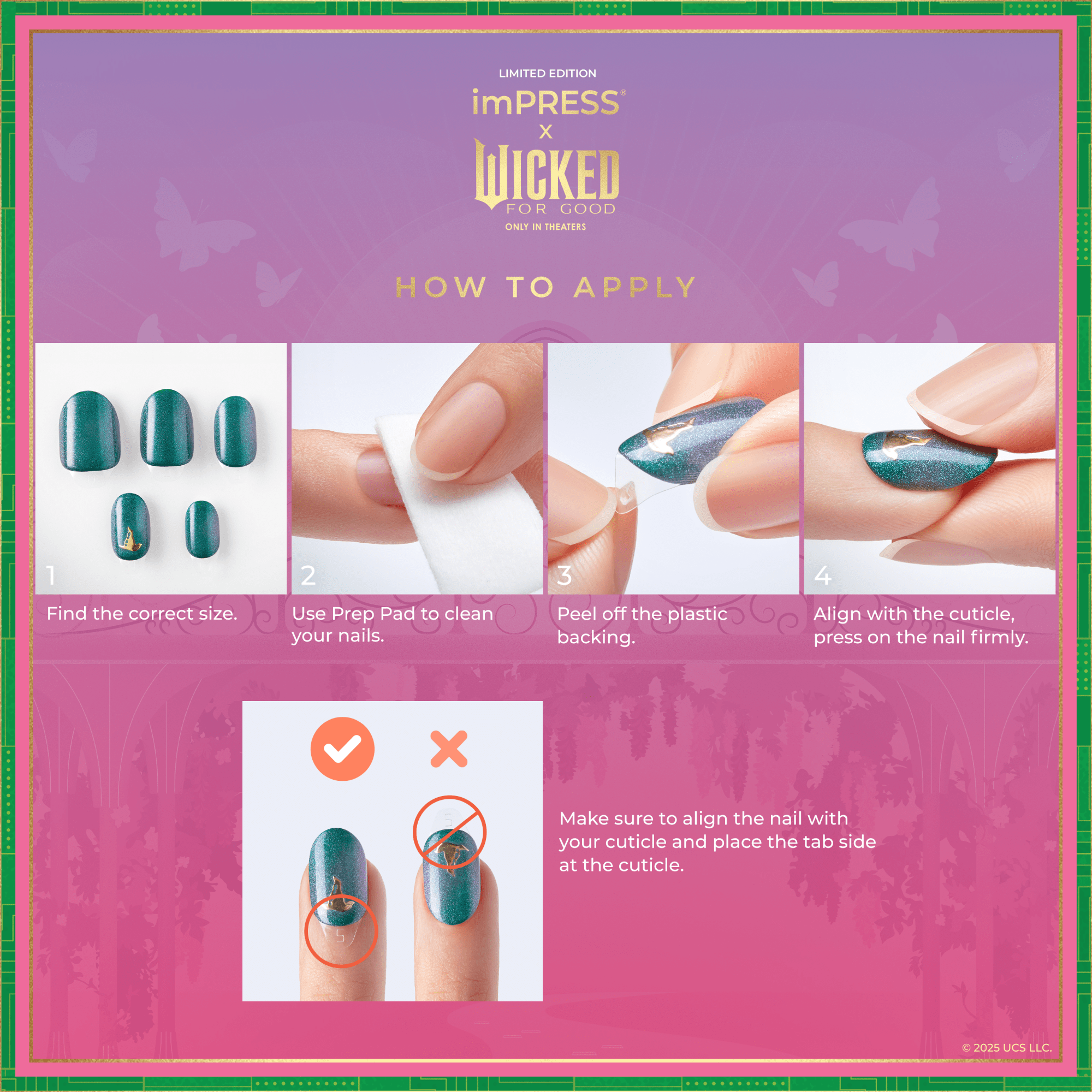 Limited edition imPRESS x Wicked For Good press-on nails application guide with teal nail designs, step-by-step photos, and alignment tips.