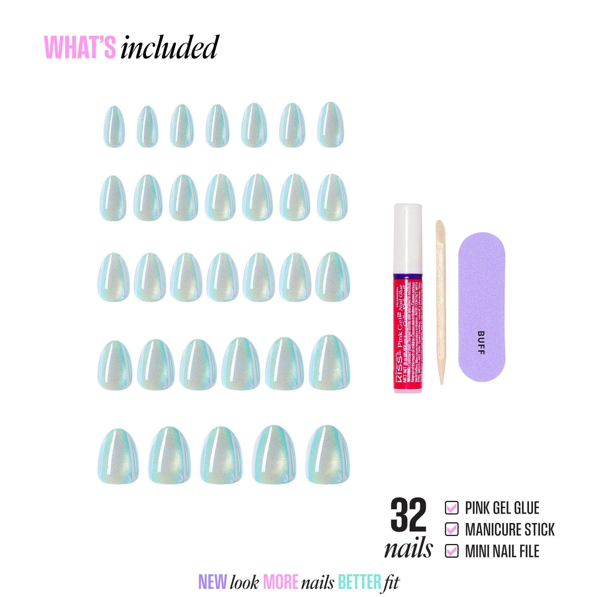 32 iridescent press-on nails with gel glue, manicure stick, and nail file included.