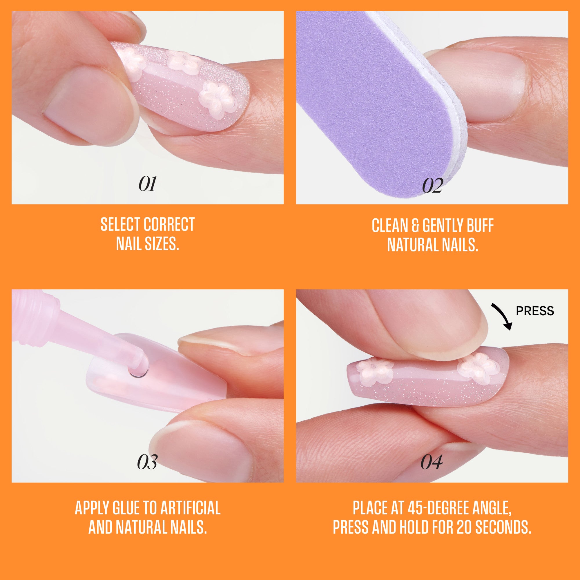 Press-on nail application guide in 4 steps with pink and purple nail designs.