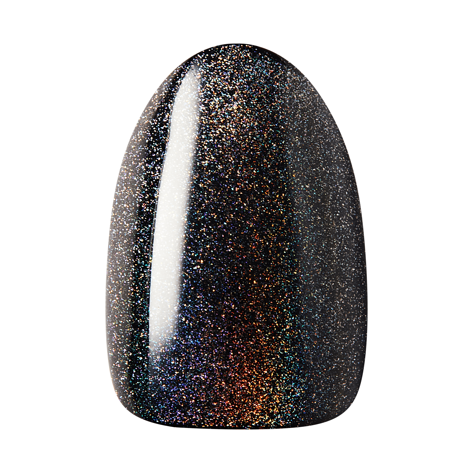 Glossy nail polish swatch in deep black with multicolor holographic glitter shimmer, reflecting light with a smooth oval shape.