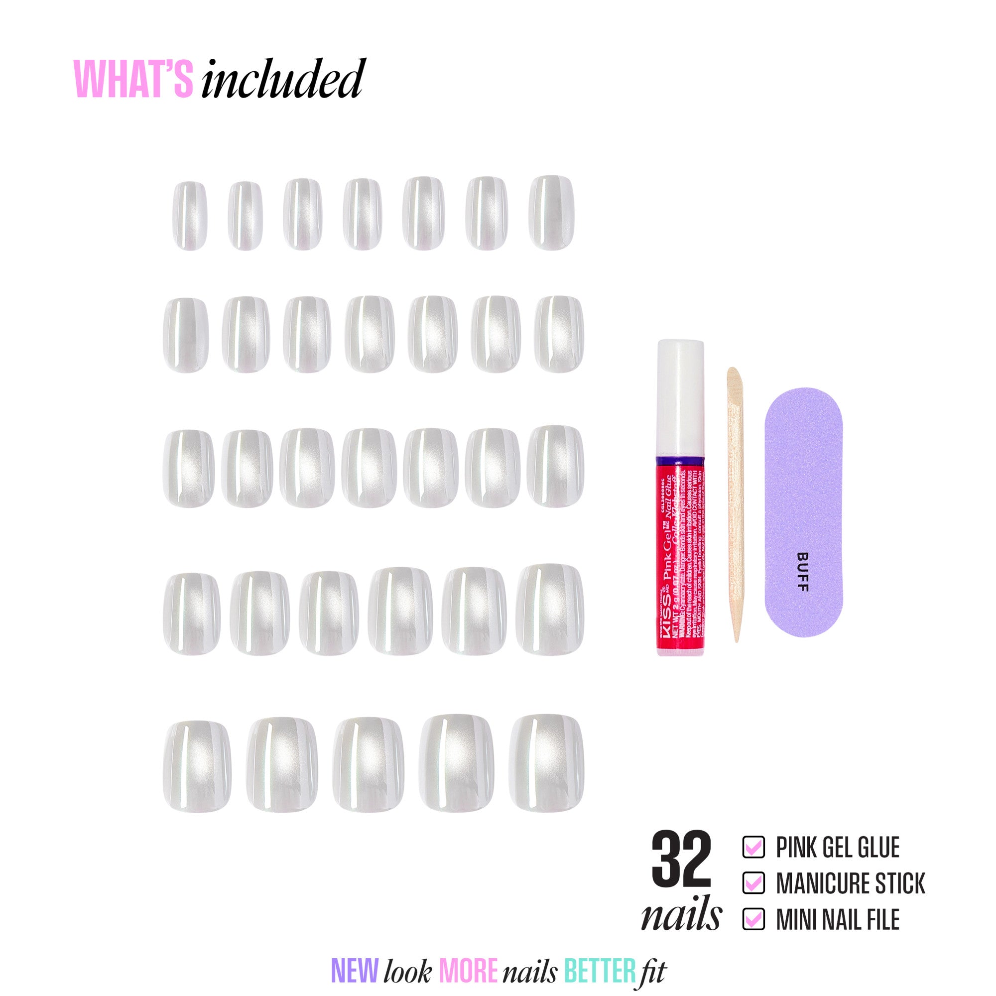 32-piece press-on nail kit with gel glue, manicure stick, and nail file