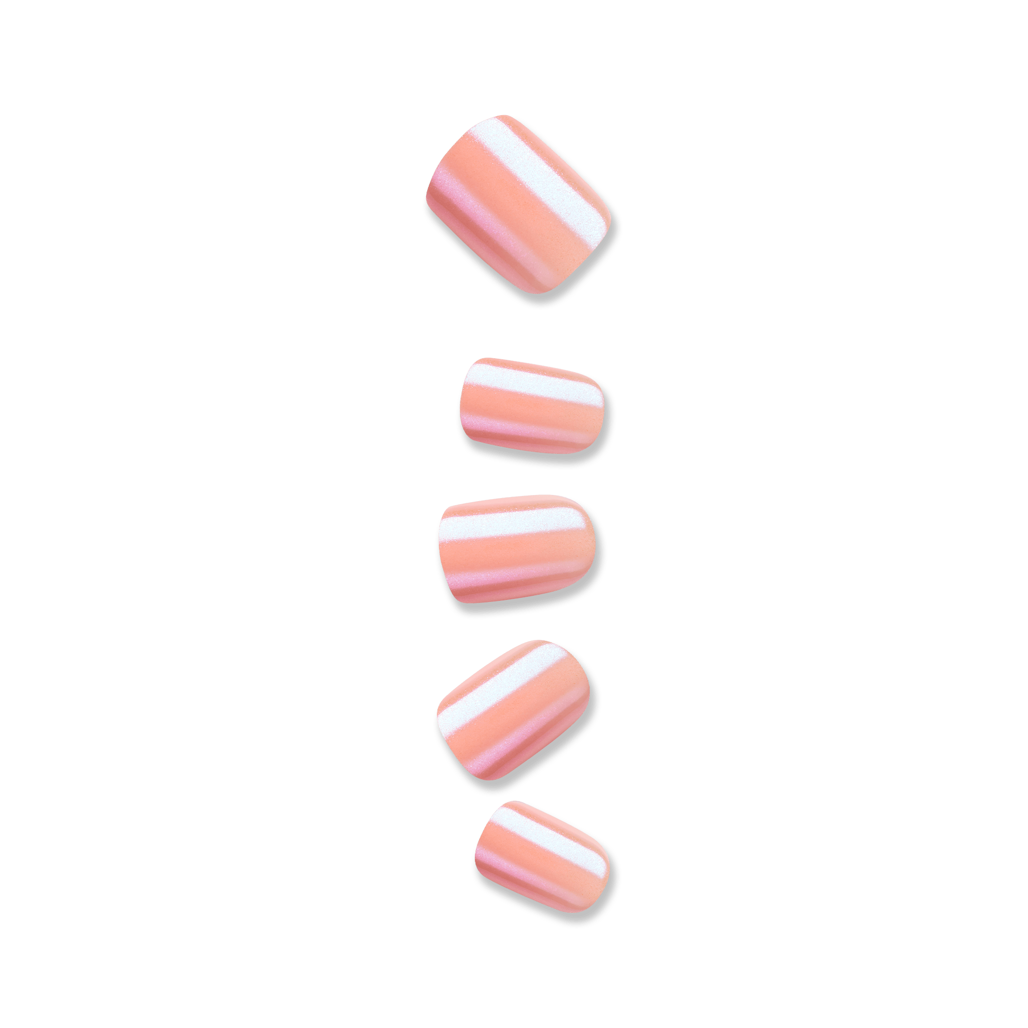 Five press-on nails in a peachy-pink shade with a glossy, iridescent finish, shown isolated on a transparent background.