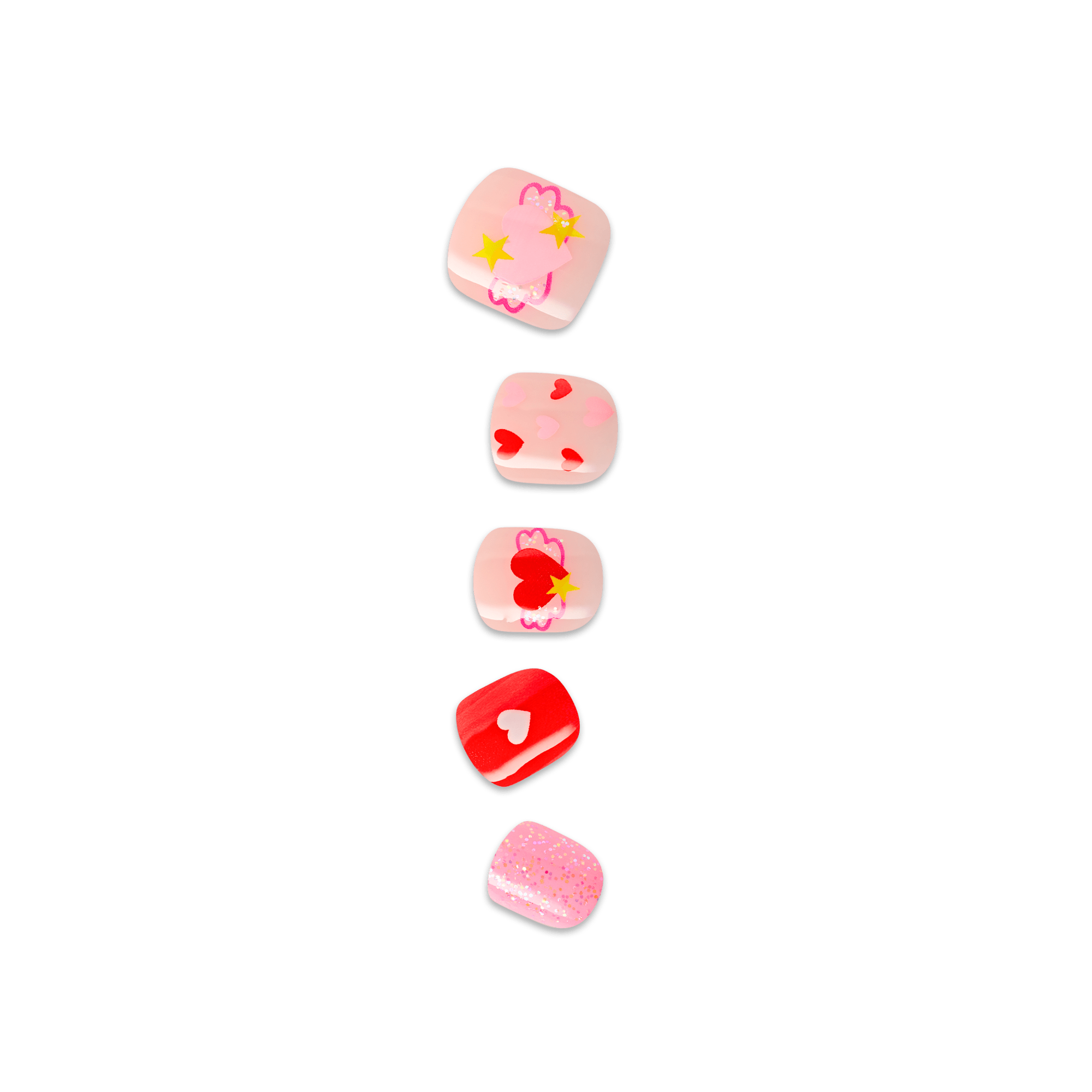 Five pink and red decorative soap bars with hearts and stars on white background.