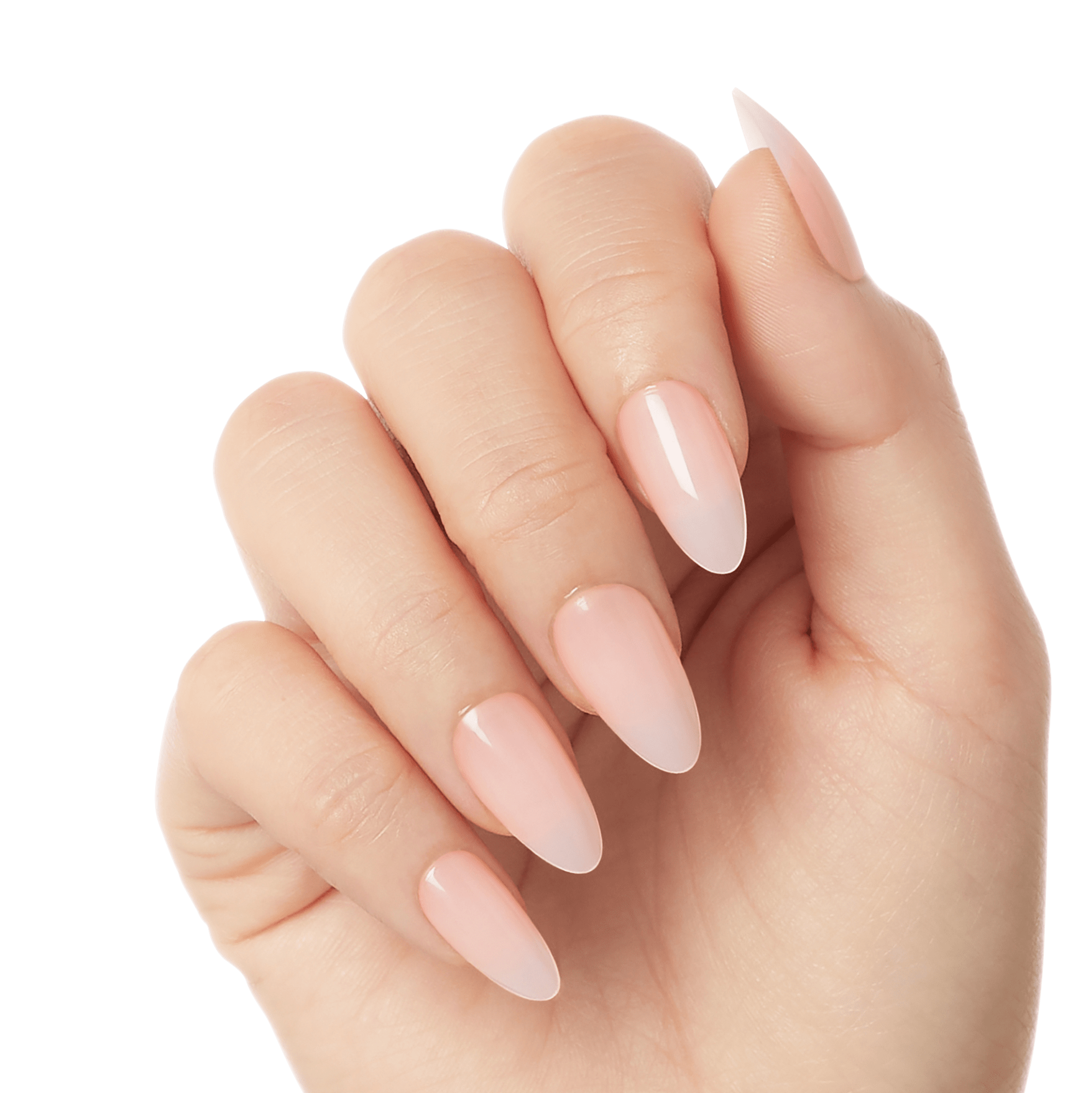 Hand with five long, almond-shaped press-on gel nails in a glossy, soft nude pink shade, displayed against a white background.
