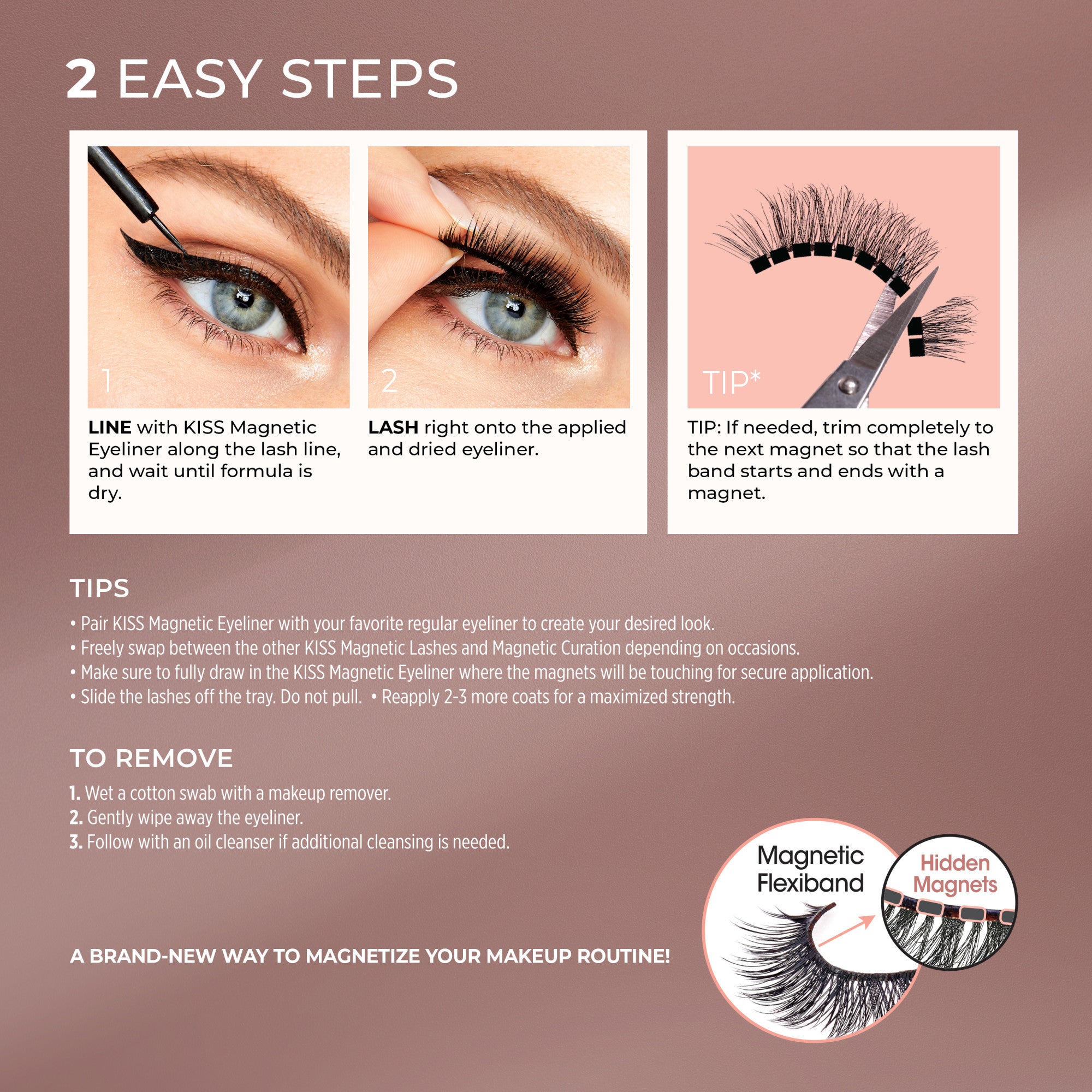 Instructions for KISS Magnetic Eyeliner & Lashes showing two steps: apply eyeliner along lash line and wait to dry, then place lashes onto dried liner. Includes tip to trim lash band between magnets. Features magnetic flexiband lashes with hidden magnets for easy attachment.