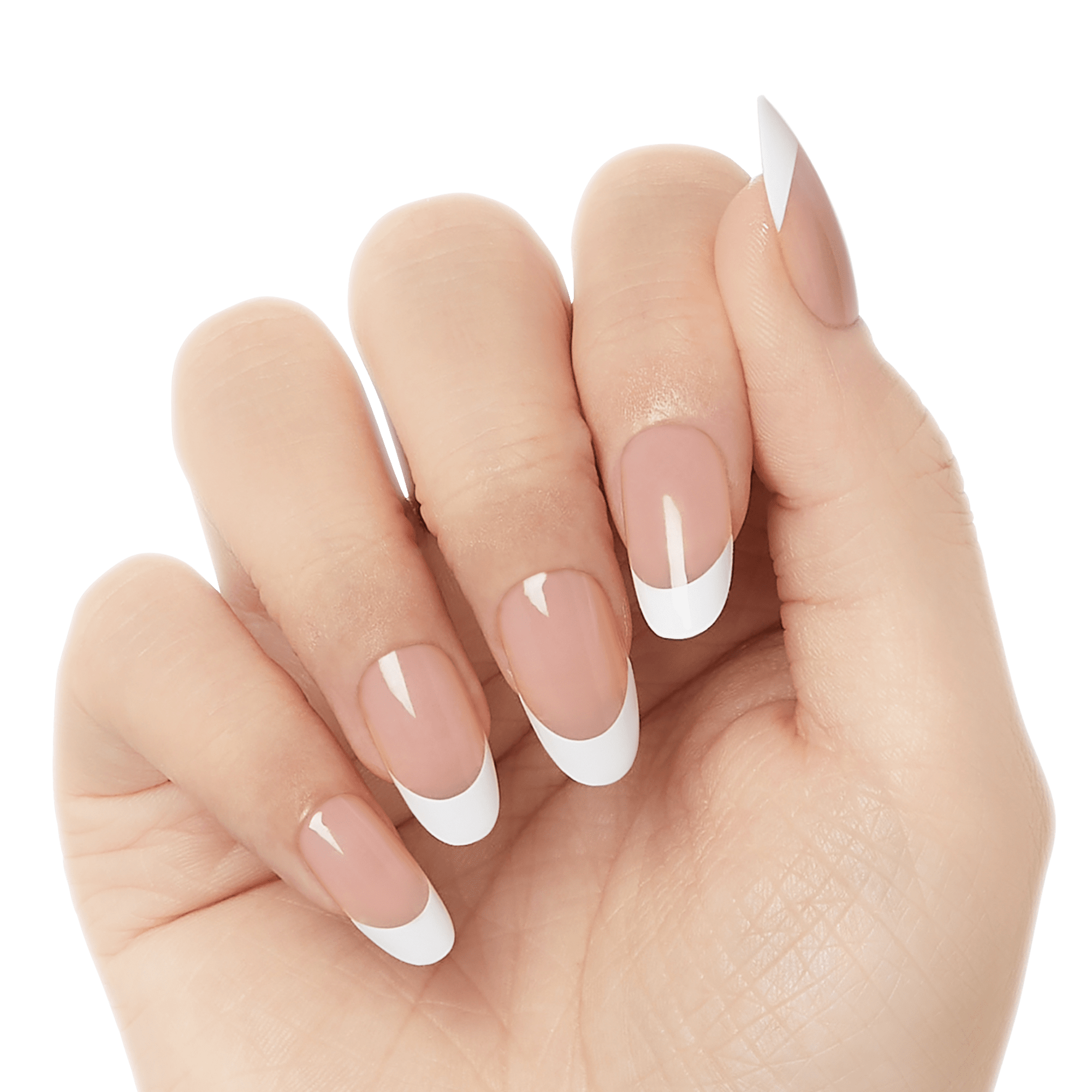 Hand with long, glossy soft gel nails in a natural pink shade with classic white French tips, shown in a slightly curled pose.