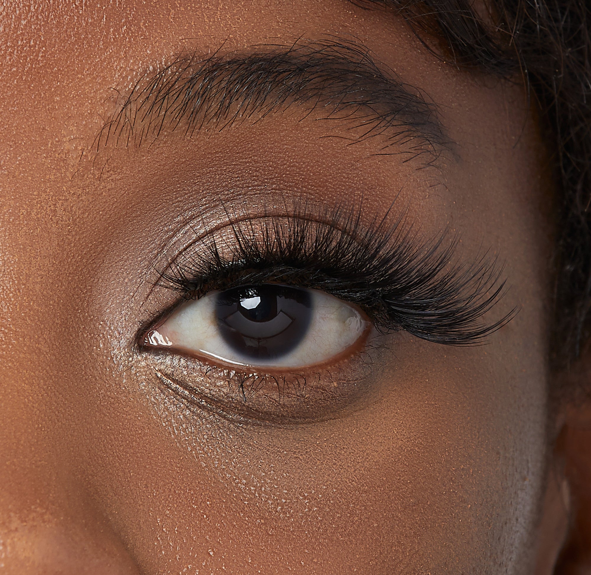 Close-up of a dark-skinned eye wearing long, voluminous false eyelashes with natural-looking, slightly shimmery nude eyeshadow on the eyelid.