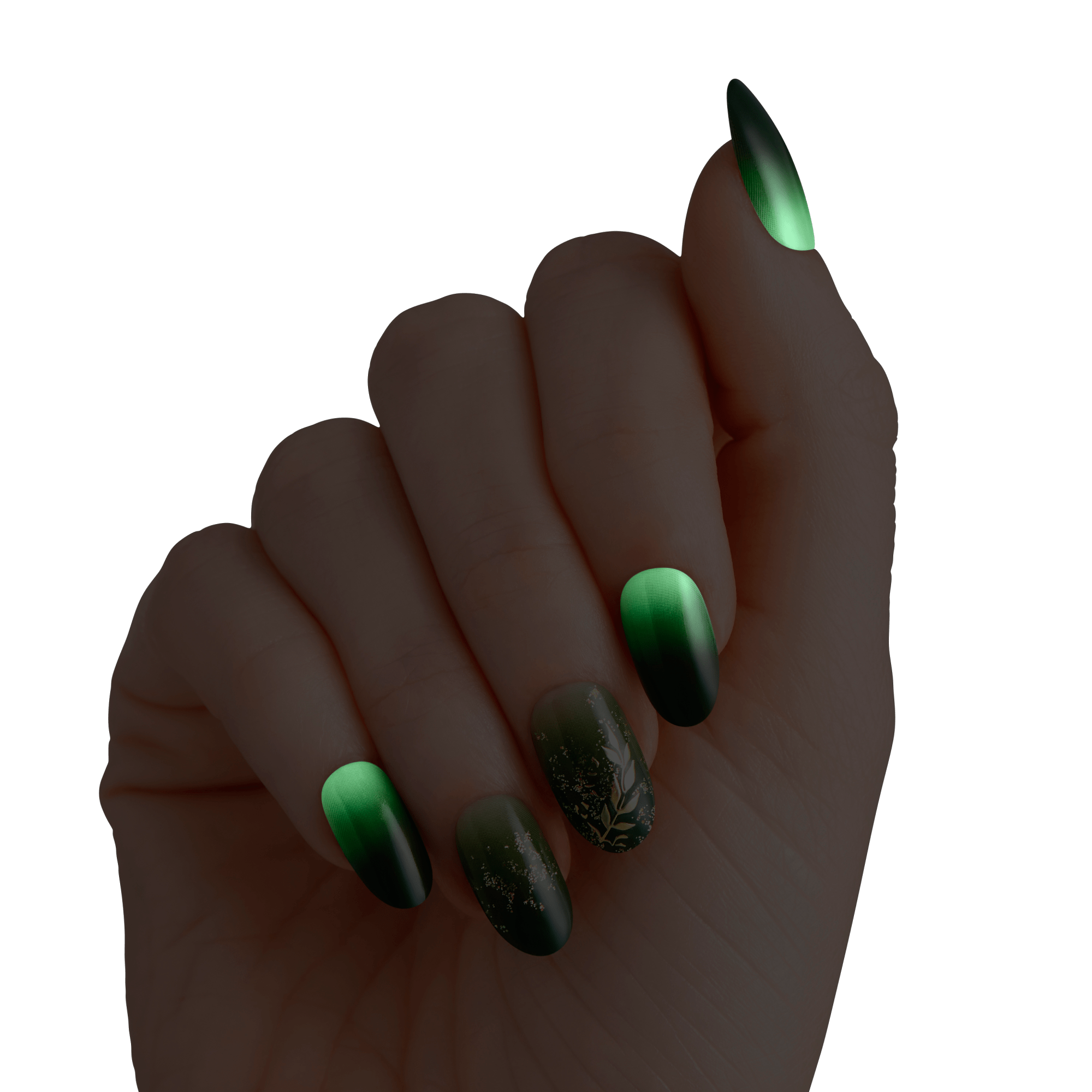 Hand with medium-length oval nails featuring a green ombré design with metallic finish; two nails have delicate gold leaf and botanical accents.