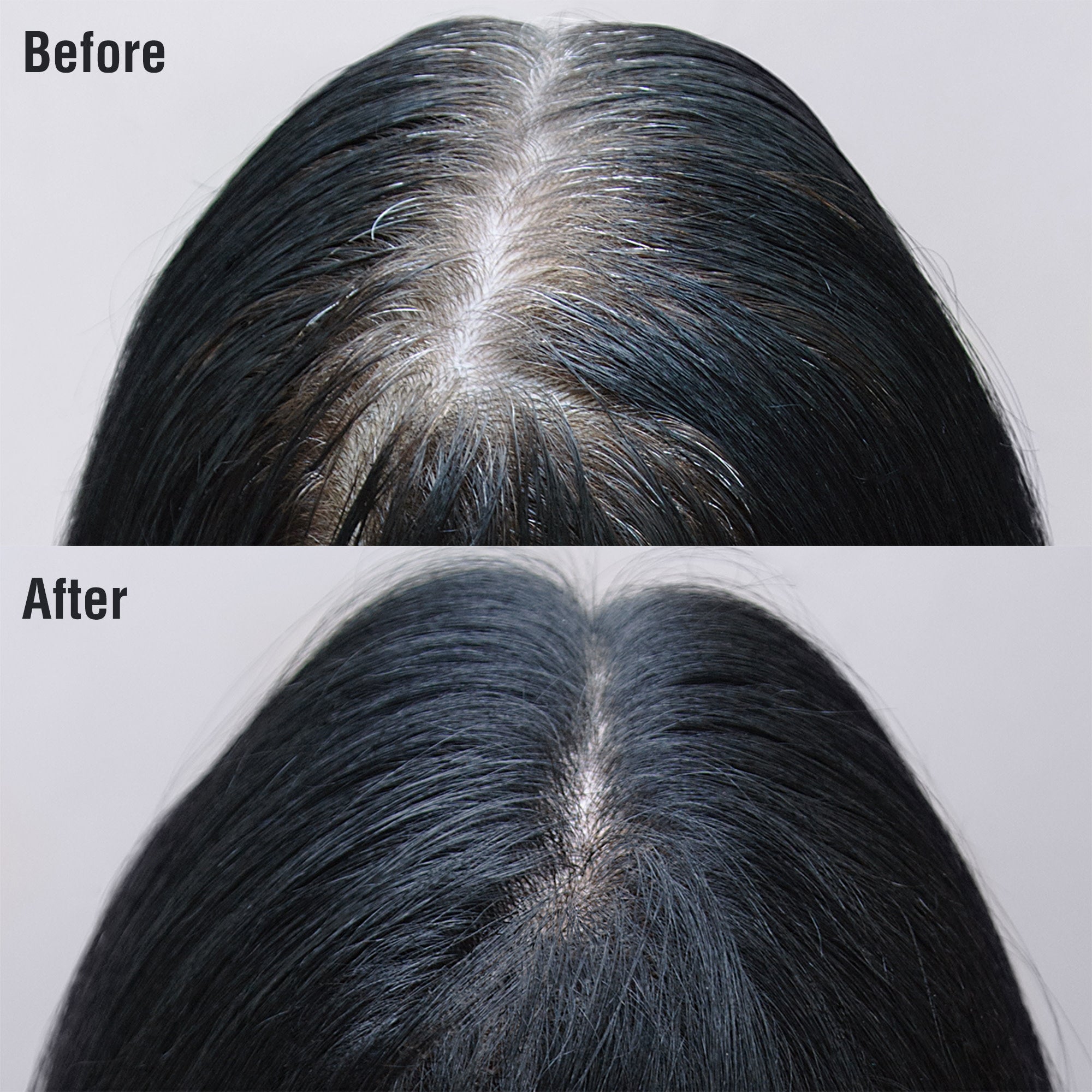 Top and bottom close-up views of a scalp and hair part showing gray roots before and natural black hair coverage after using KISS Colors & Care Tintation Spray.