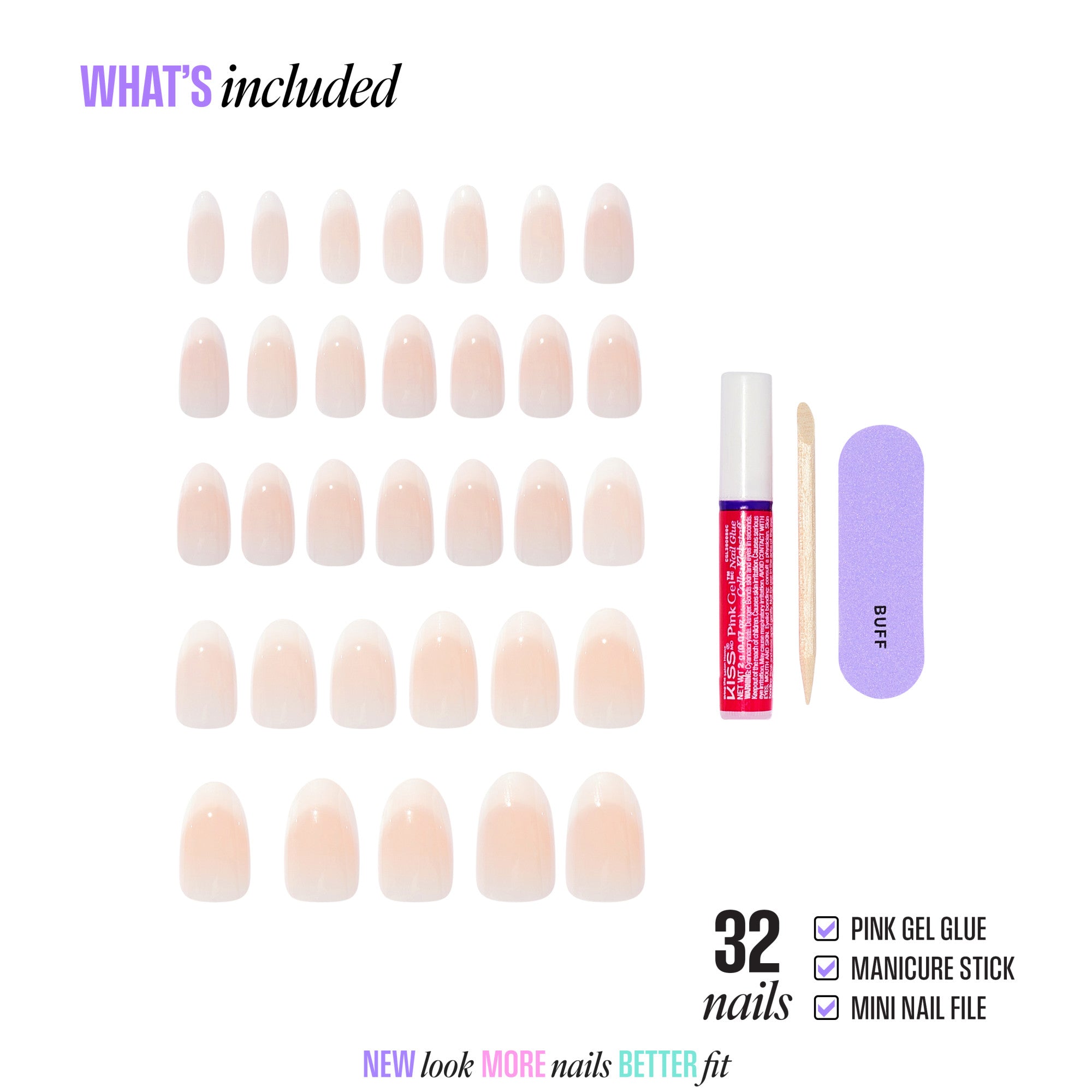 32 nude gel press-on nails with pink glue, manicure stick, and mini file included.