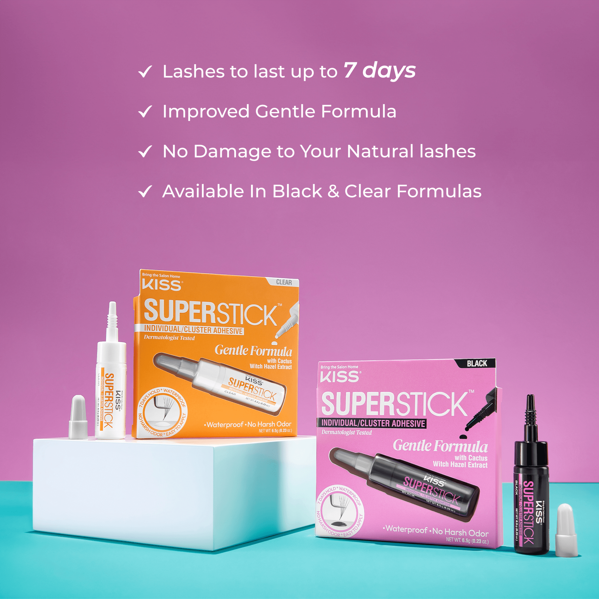 KISS Superstick lash adhesive in clear and black formulas with product boxes and applicators on display.