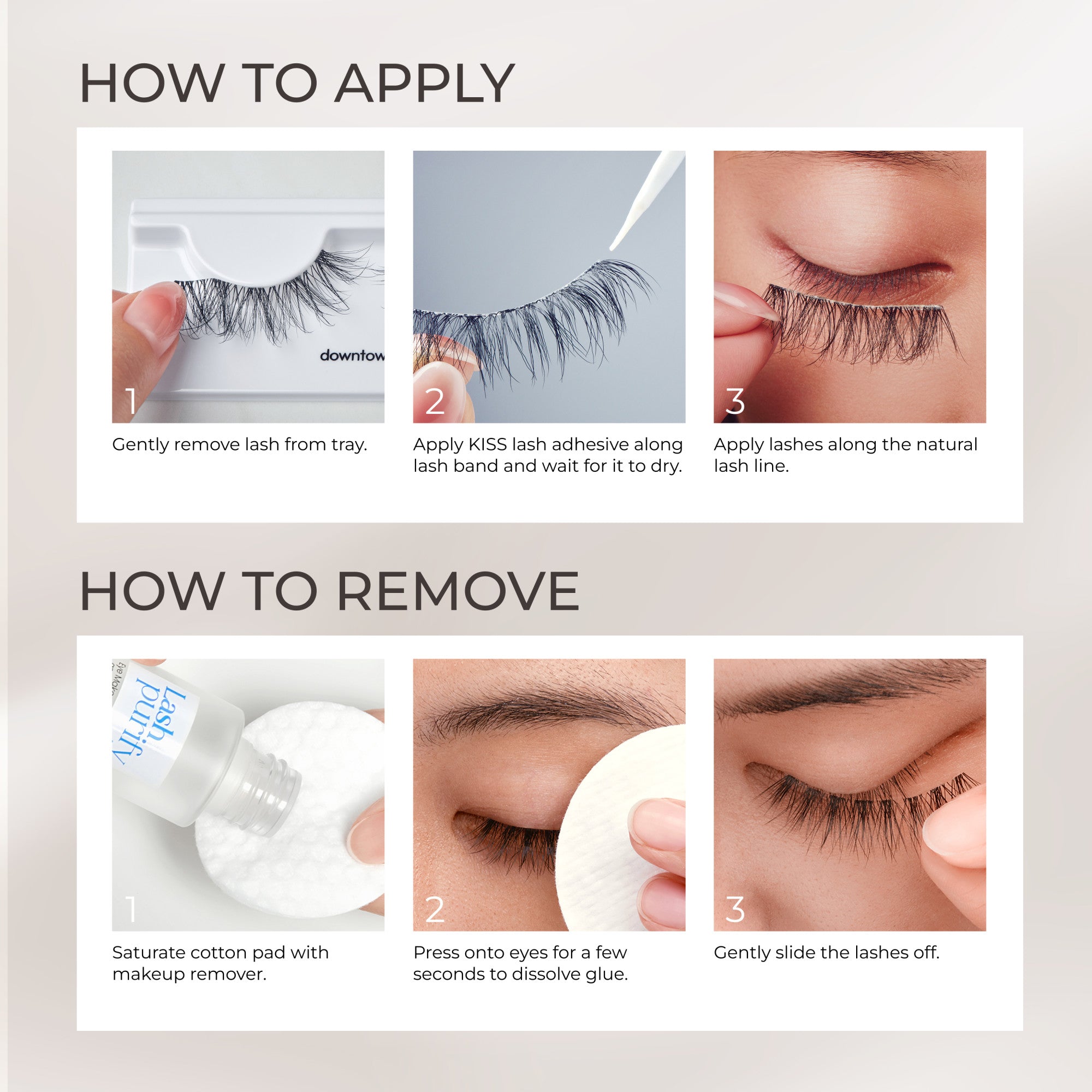 Step-by-step visual guide showing how to apply and remove KISS My Lash But Better false lashes, including removing lashes from tray, applying adhesive, placing lashes, and removing with makeup remover.