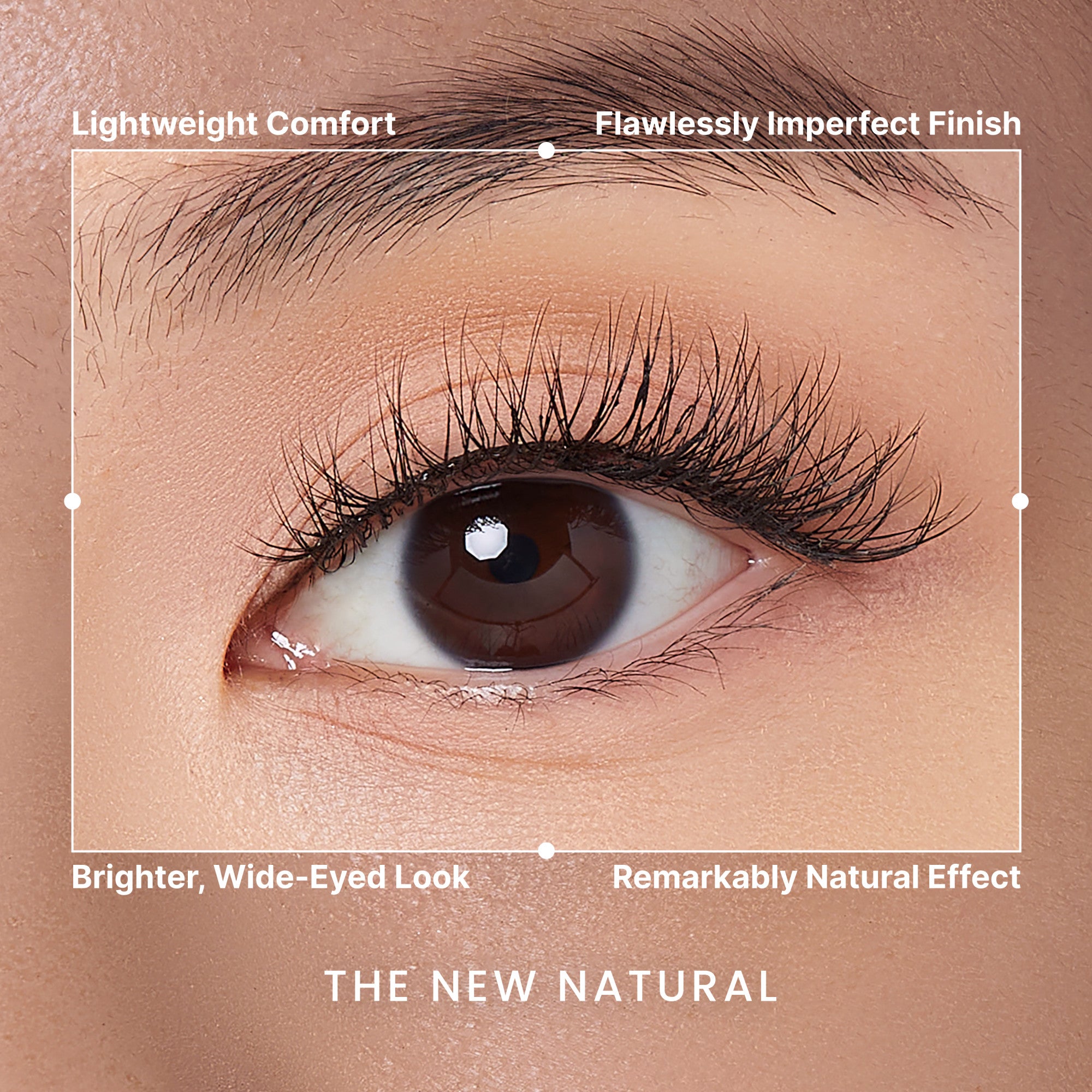 Close-up of a brown eye with long, natural-looking lashes, highlighted by text promoting lightweight comfort, flawless finish, wide-eyed look, and natural effect.