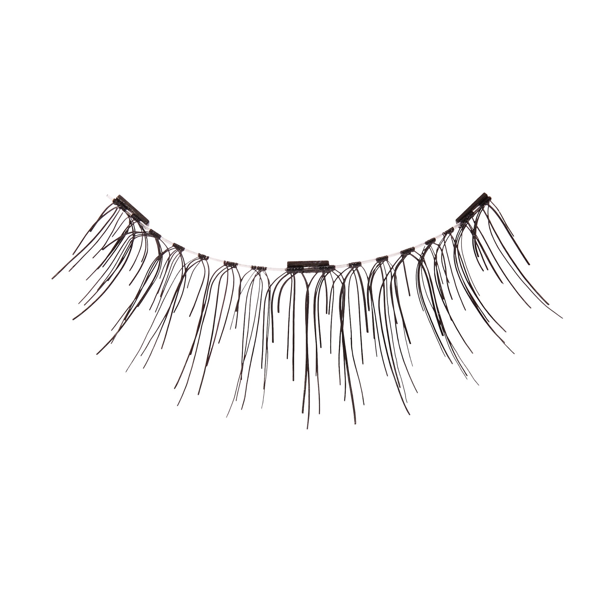 Delicate black magnetic strip eyelash with sparse, thin, long fibers spaced along a flexible band, designed for easy application.