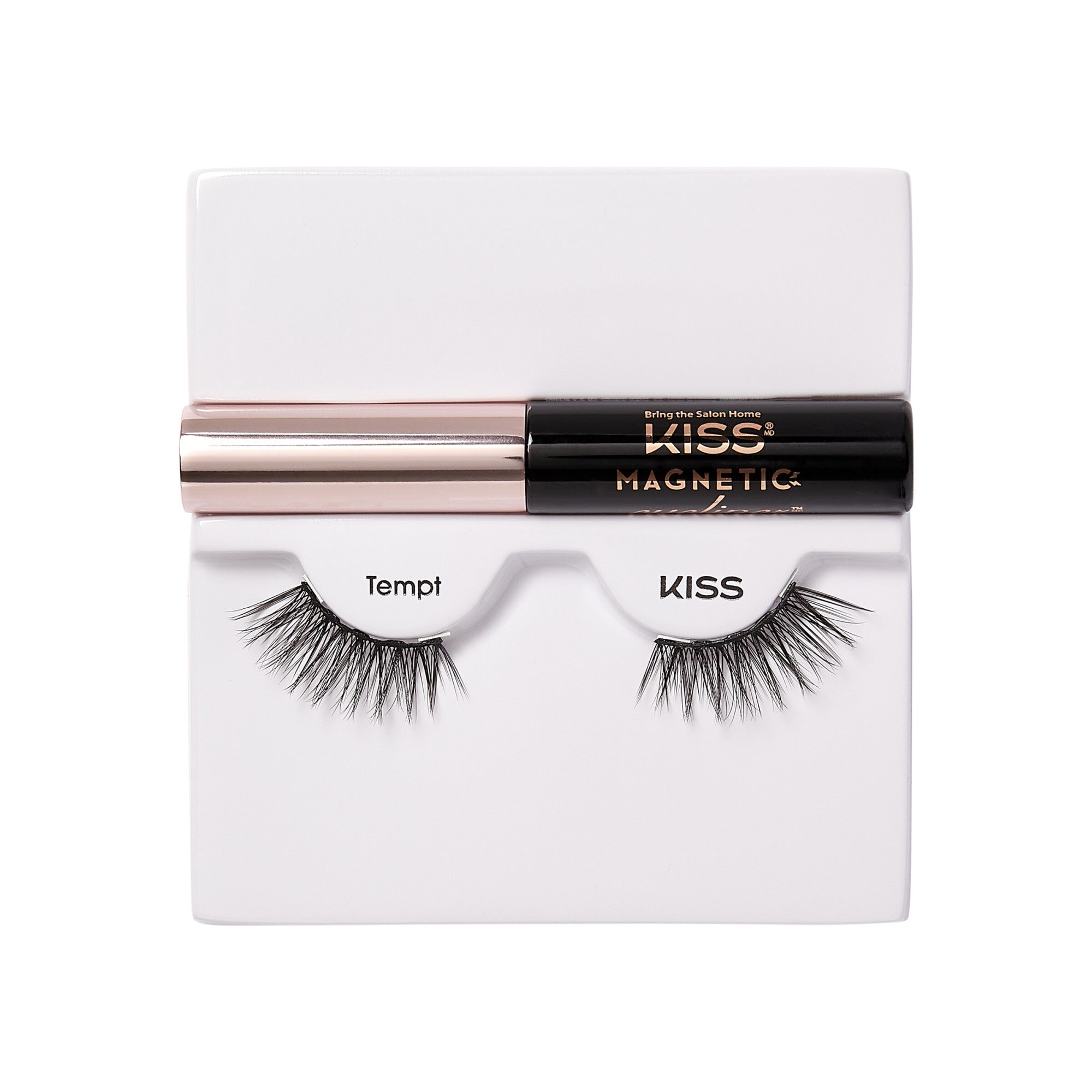 KISS Magnetic Eyeliner and Tempt lashes set in white packaging, featuring a black and rose gold eyeliner tube with branding in rose gold text.