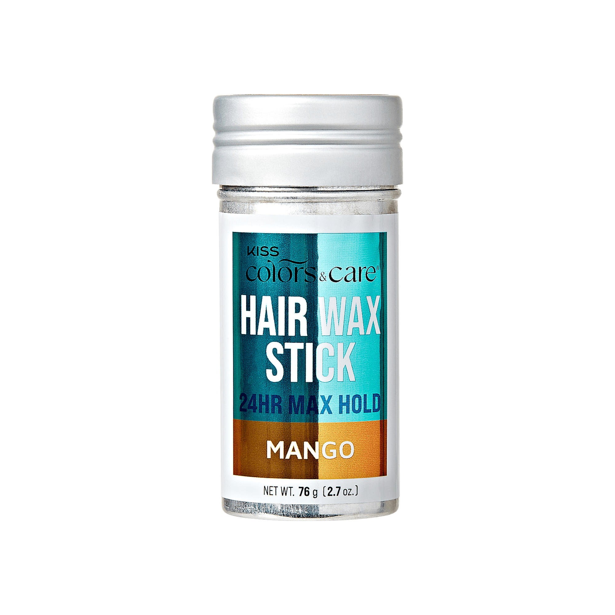 Clear plastic container with silver cap showing KISS Colors & Care Hair Wax Stick label in blue and orange, stating "24HR Max Hold" and "Mango."