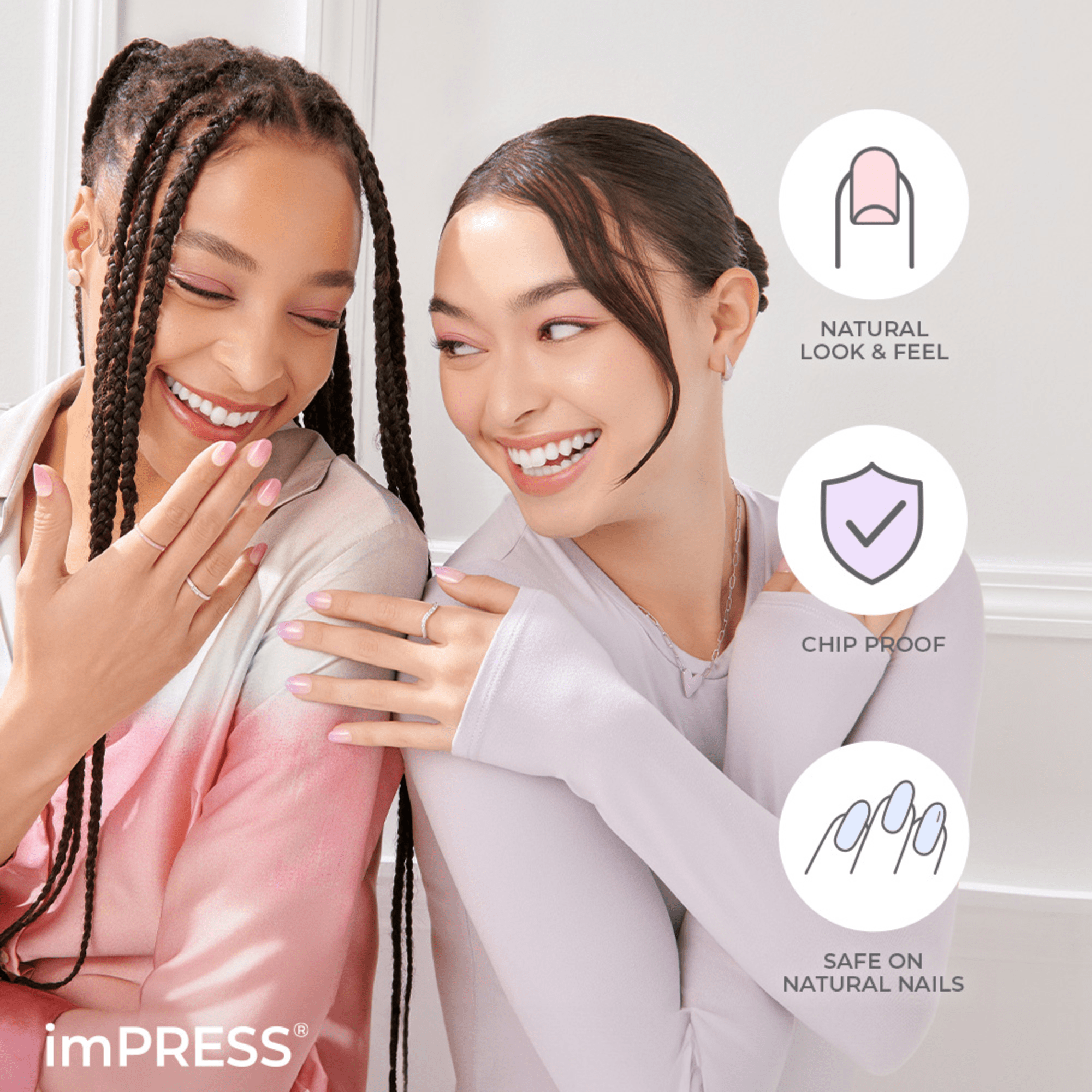 Two smiling women showing their pink press-on nails; benefits listed include natural look and feel, chip proof, and safe on natural nails.