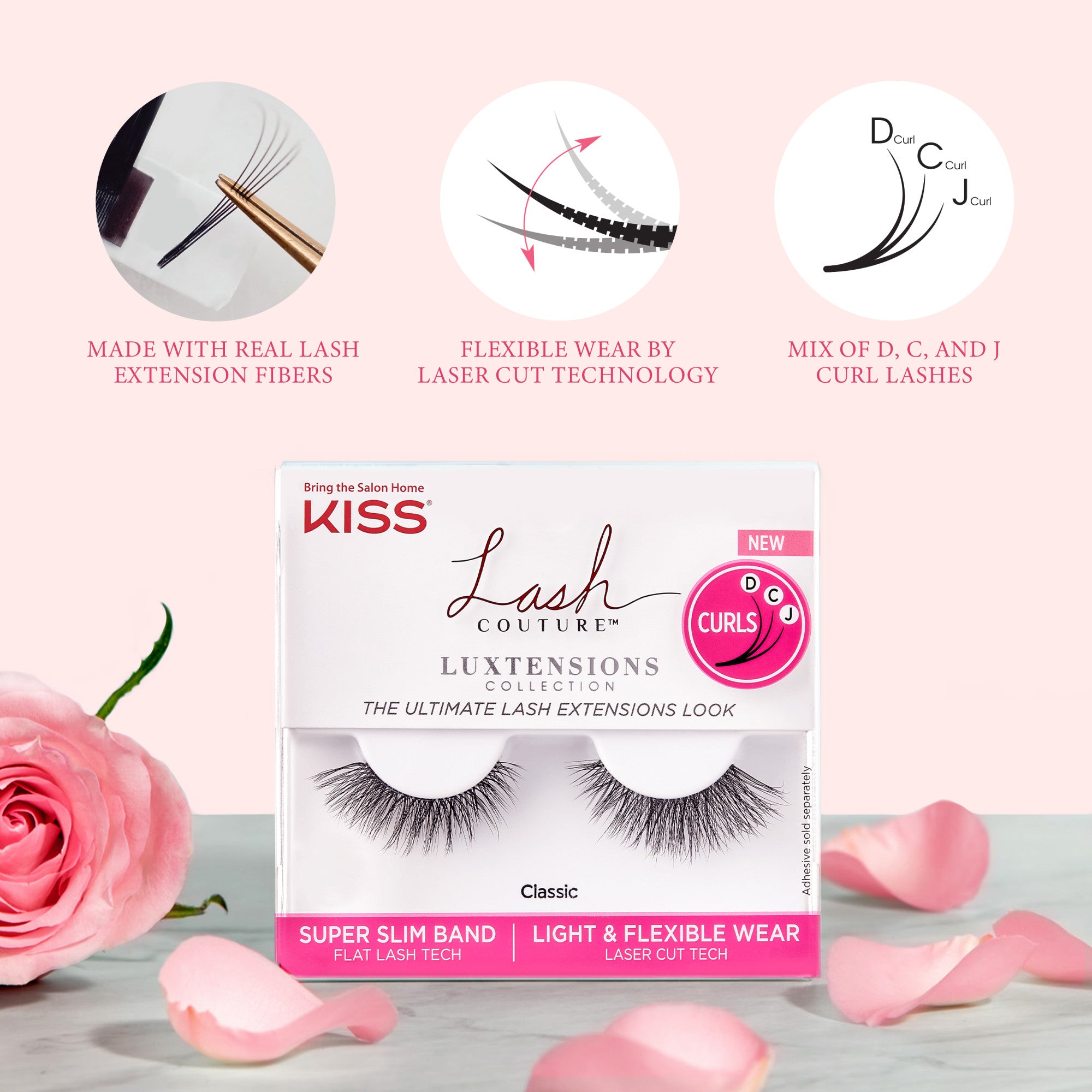KISS Lash Couture LuXtensions box with classic false lashes visible, surrounded by rose petals. Features include real lash fibers, laser cut flexible wear, and D, C, J curl mix. Packaging highlights super slim band and light flexible wear technology.