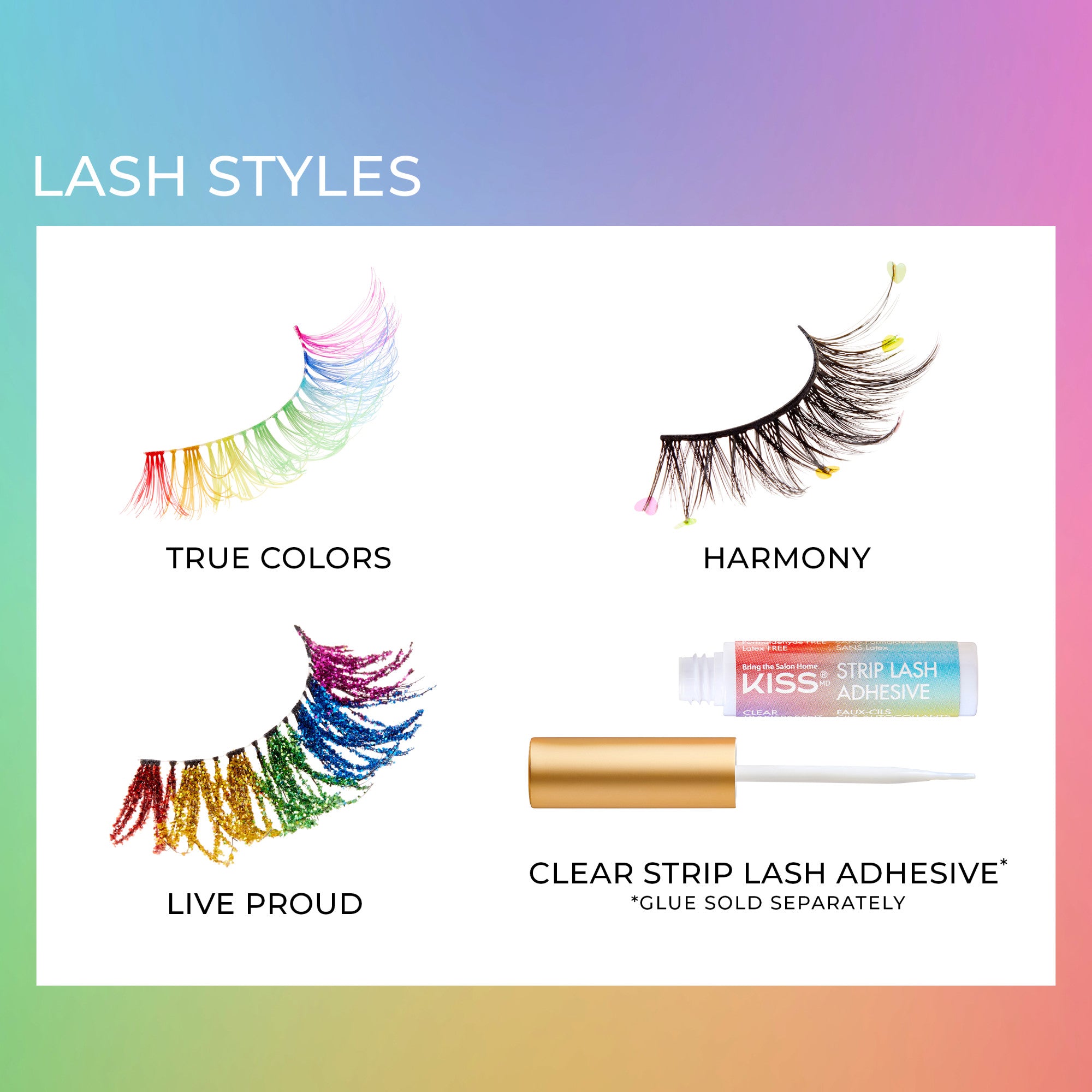 Four false eyelash styles on a white background with a gradient border. True Colors lashes are thin strands in rainbow hues. Harmony lashes are black with small colorful heart accents. Live Proud lashes have thick, glittery strands in rainbow colors.
