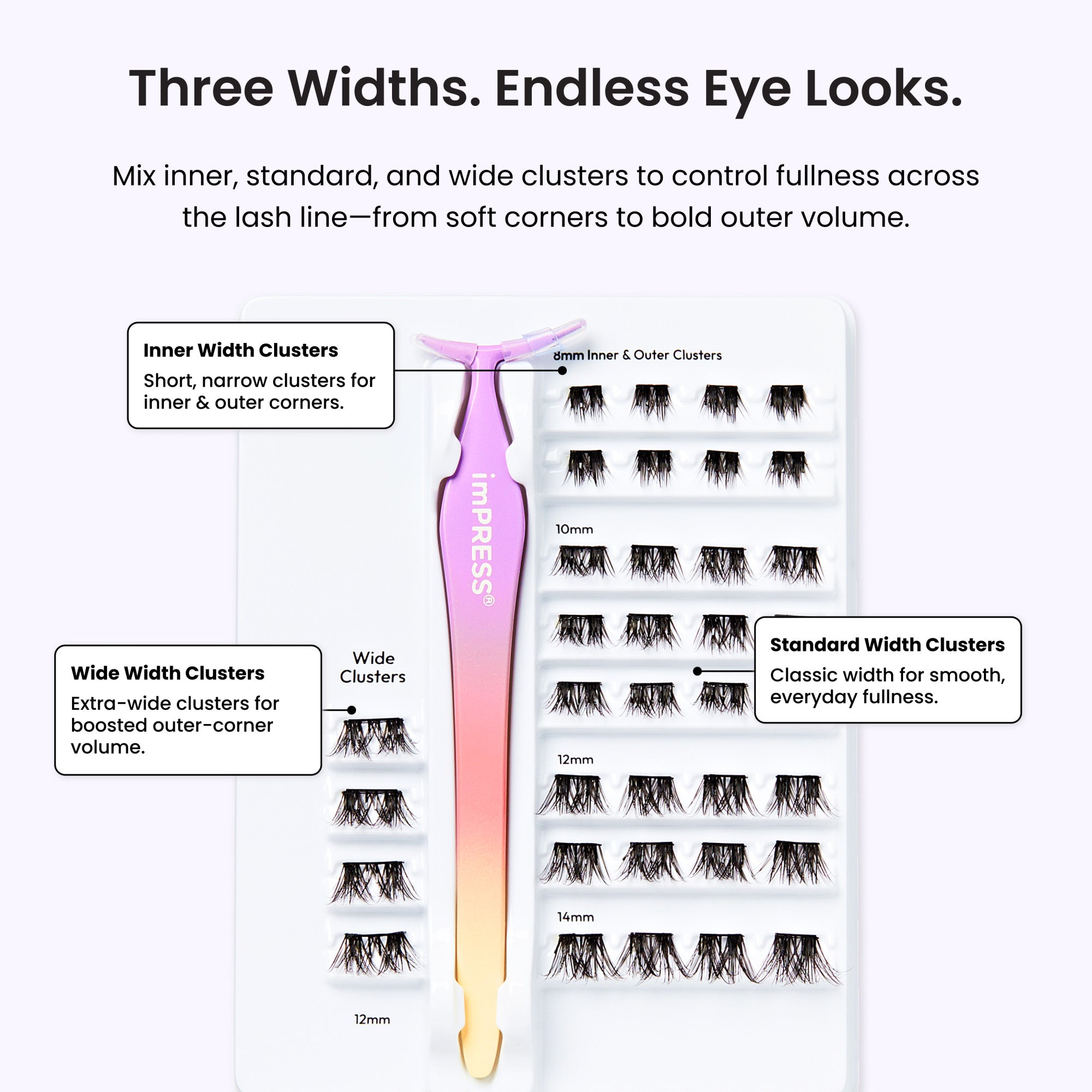 Eyelash kit with 50 black lash clusters in three widths—inner, standard, and wide—arranged on white tray with gradient pink-yellow applicator; text highlights mix-and-match fullness options.