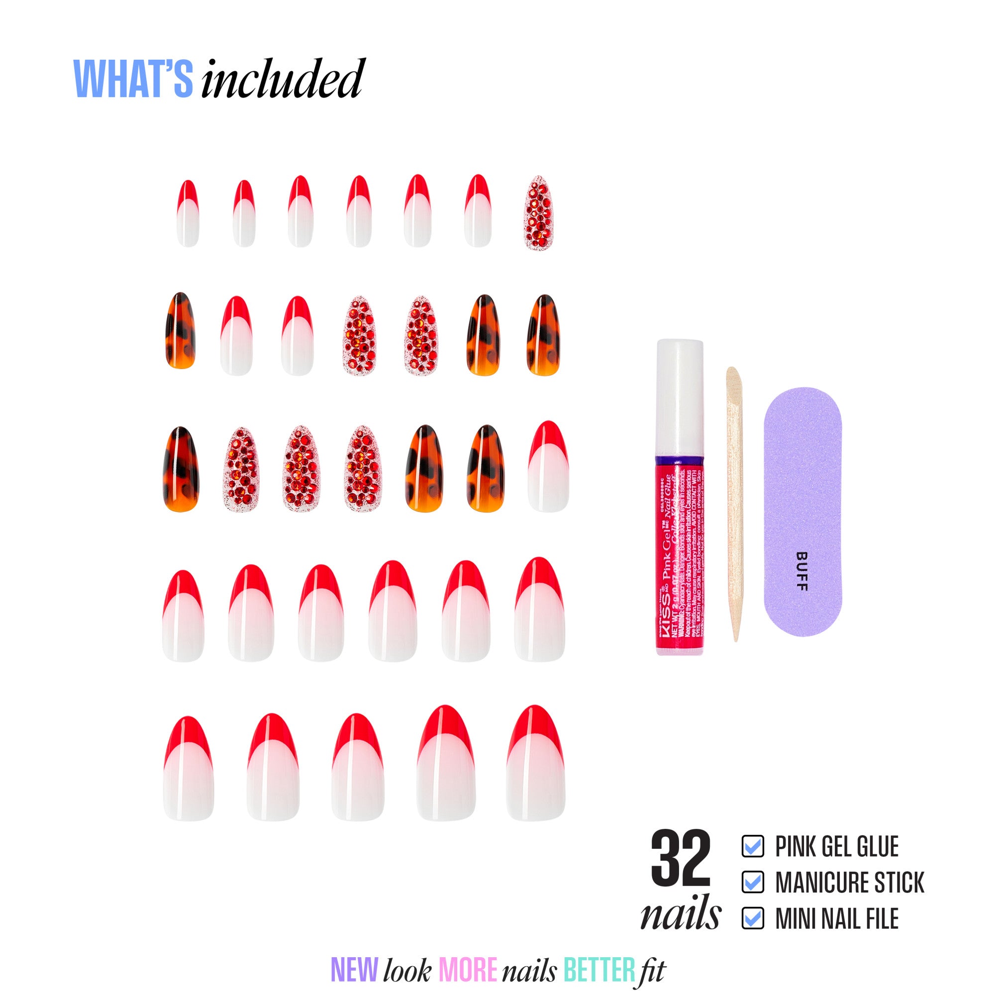 32 red and white press-on nails with gel glue, manicure stick, and file included.