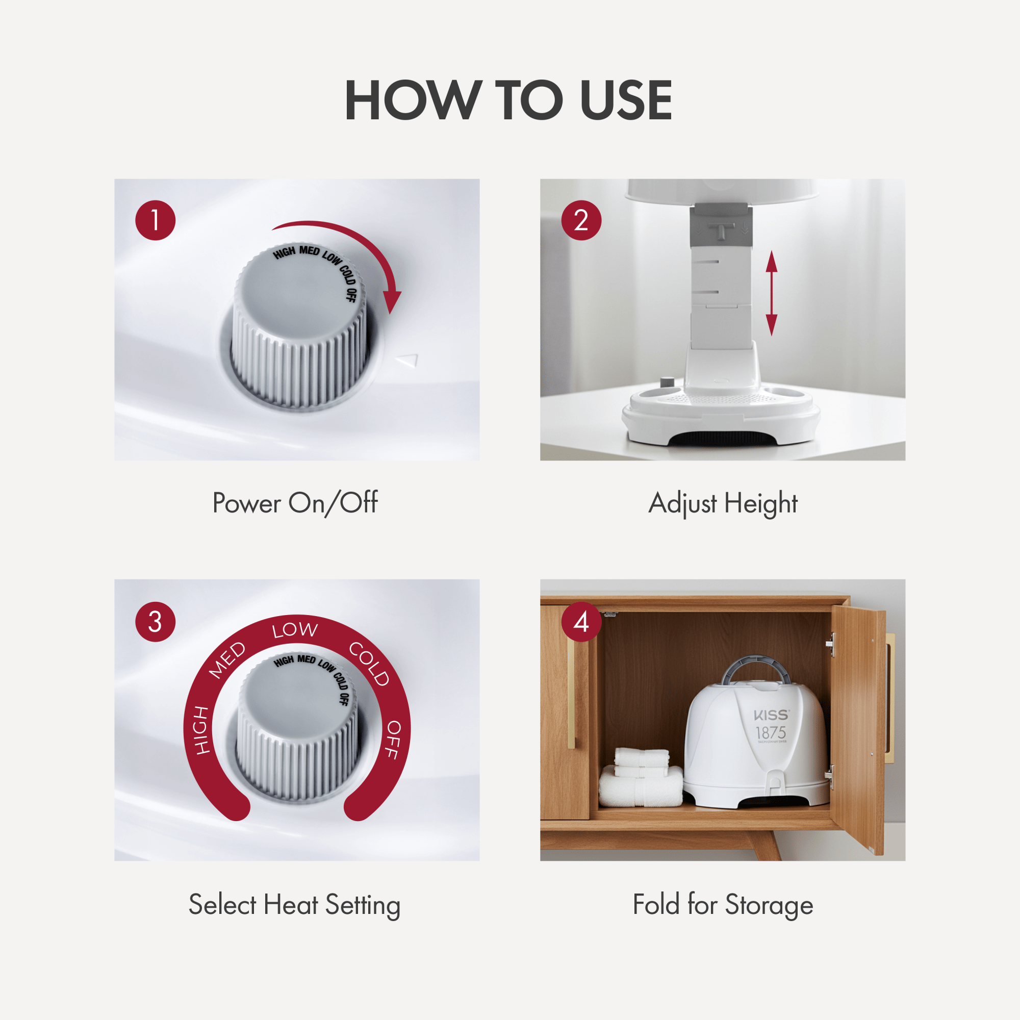 Four-step instruction for KISS 1875W Salon Bonnet Hair Dryer use: 1) Turn power dial with settings High, Med, Low, Cold, Off. 2) Adjust height vertically. 3) Select heat setting with dial. 4) Fold hair dryer for storage in wooden cabinet with towels.
