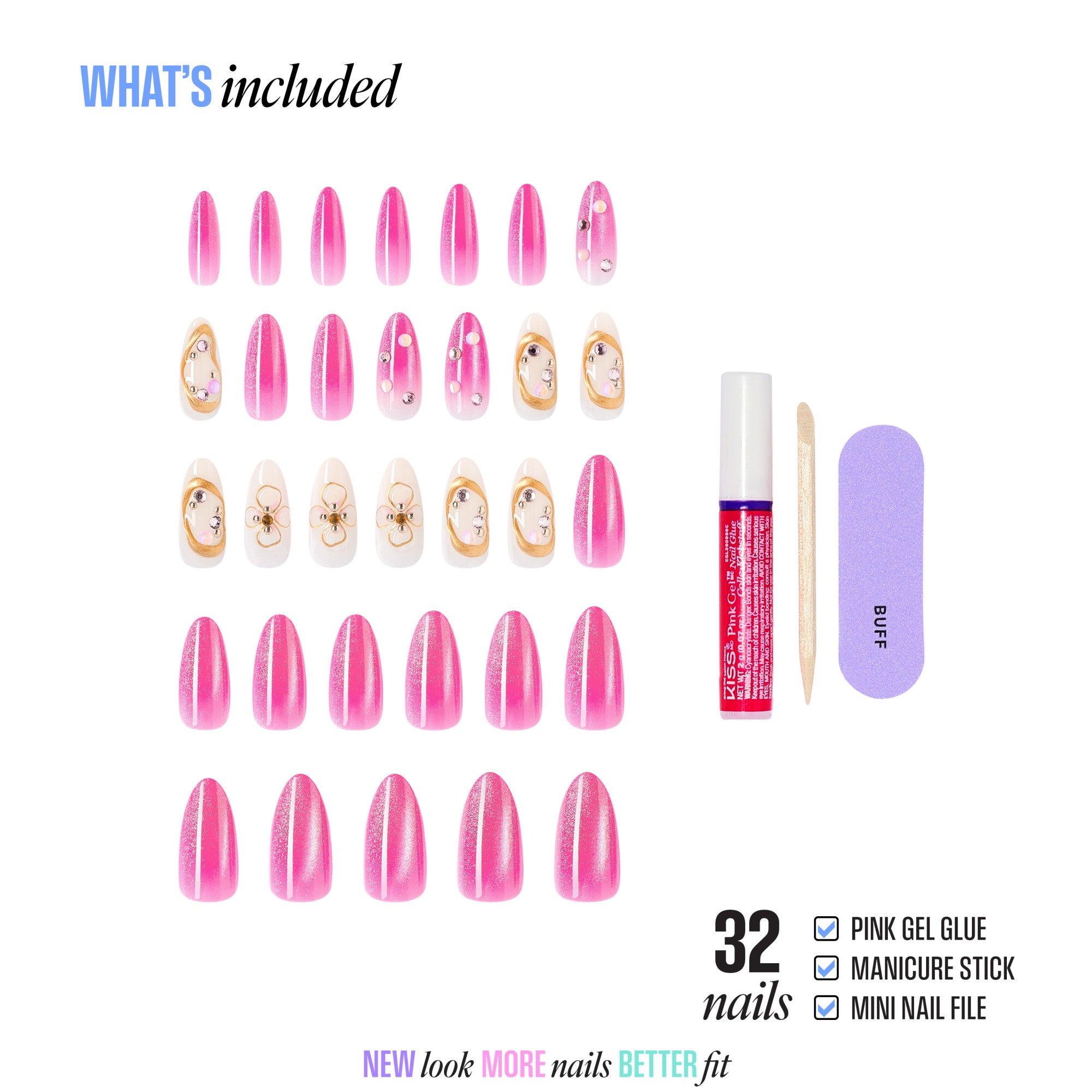 32-piece press-on nail set with gel glue, manicure stick, and nail file included.