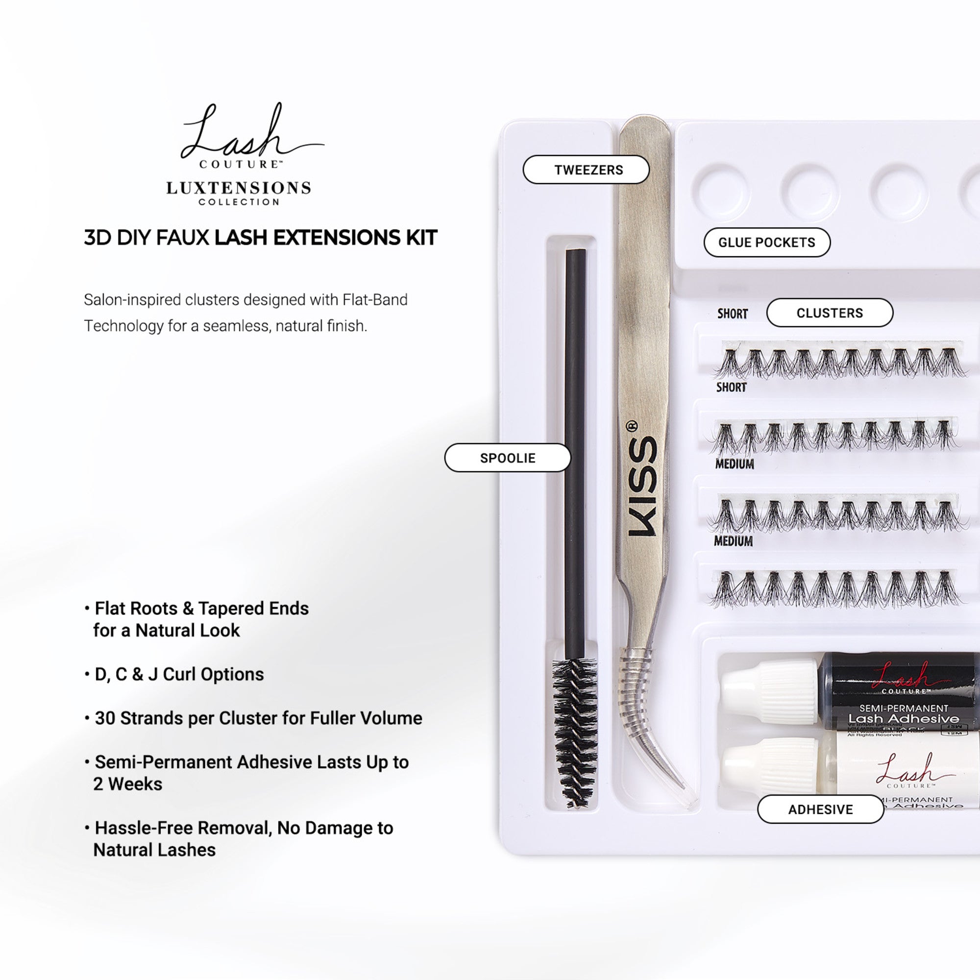 Lash Couture Luxtensions 3D DIY Faux Lash Extensions Kit with tweezers, spoolie, clusters, glue pockets, and adhesive.