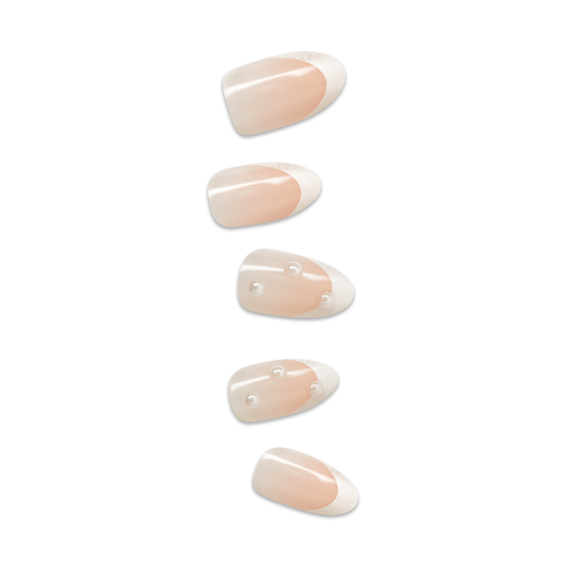 Five nude and white ombre oval press-on nails with rhinestone accents.