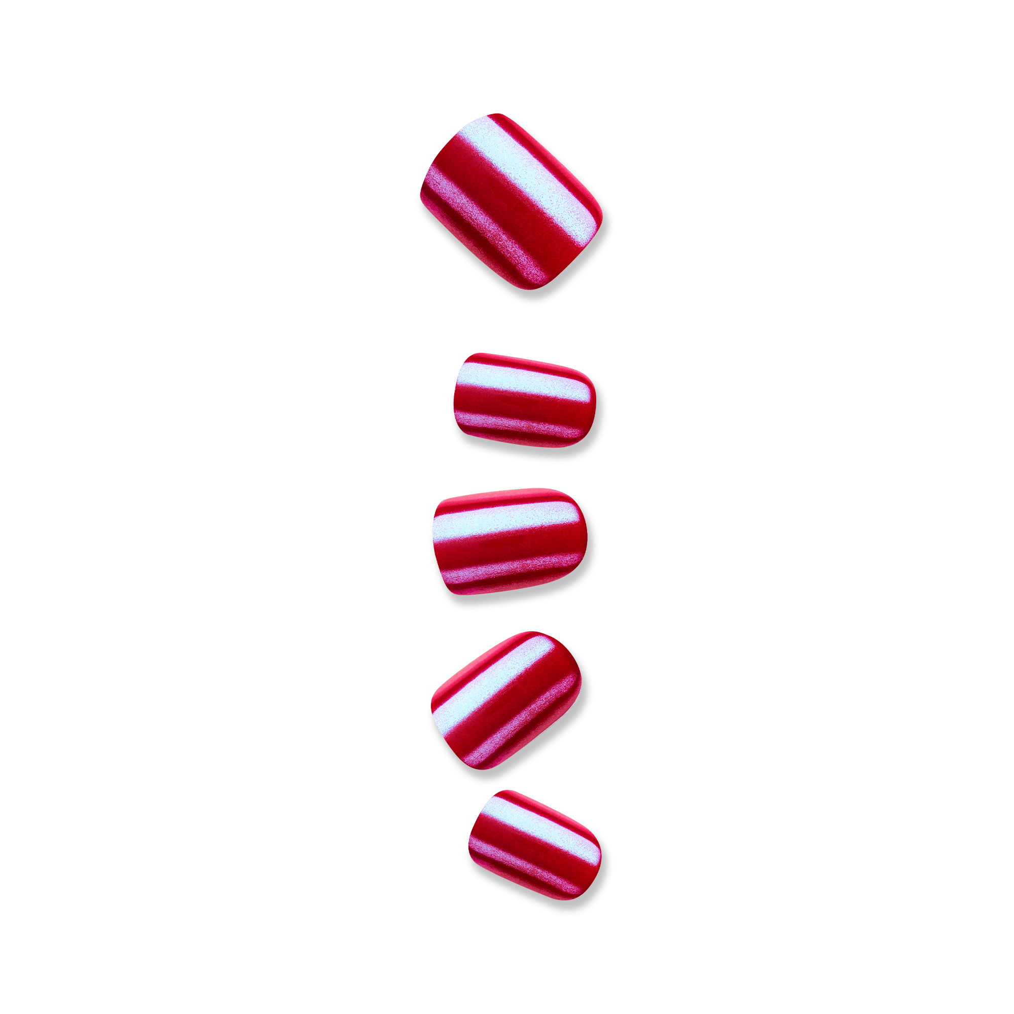 Shiny press-on nails in a vibrant red shade with metallic blue highlights, shown in five different sizes against a plain background.