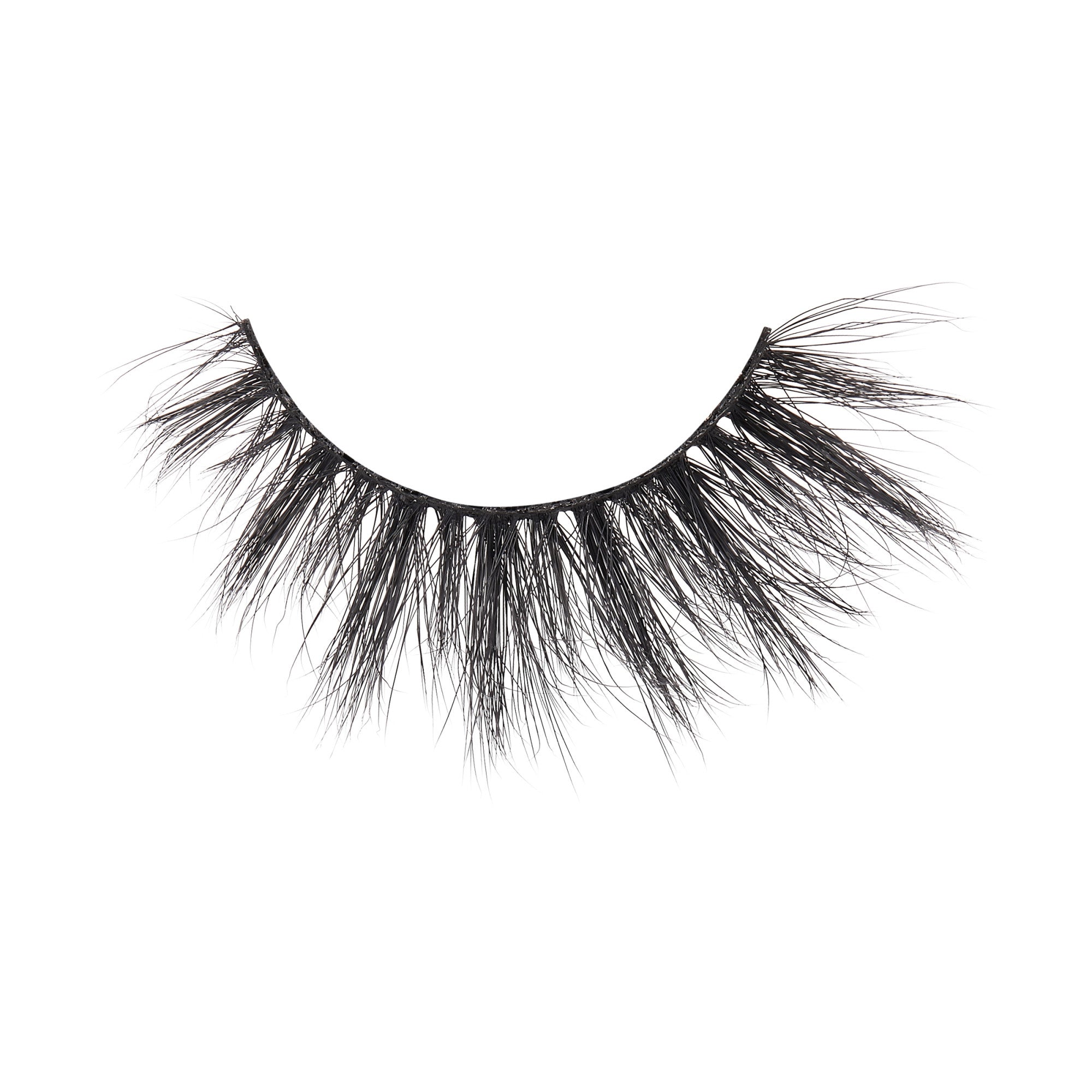 Single strip of black false eyelashes with a wispy, feathery design and varying lash lengths, shown on a white background.