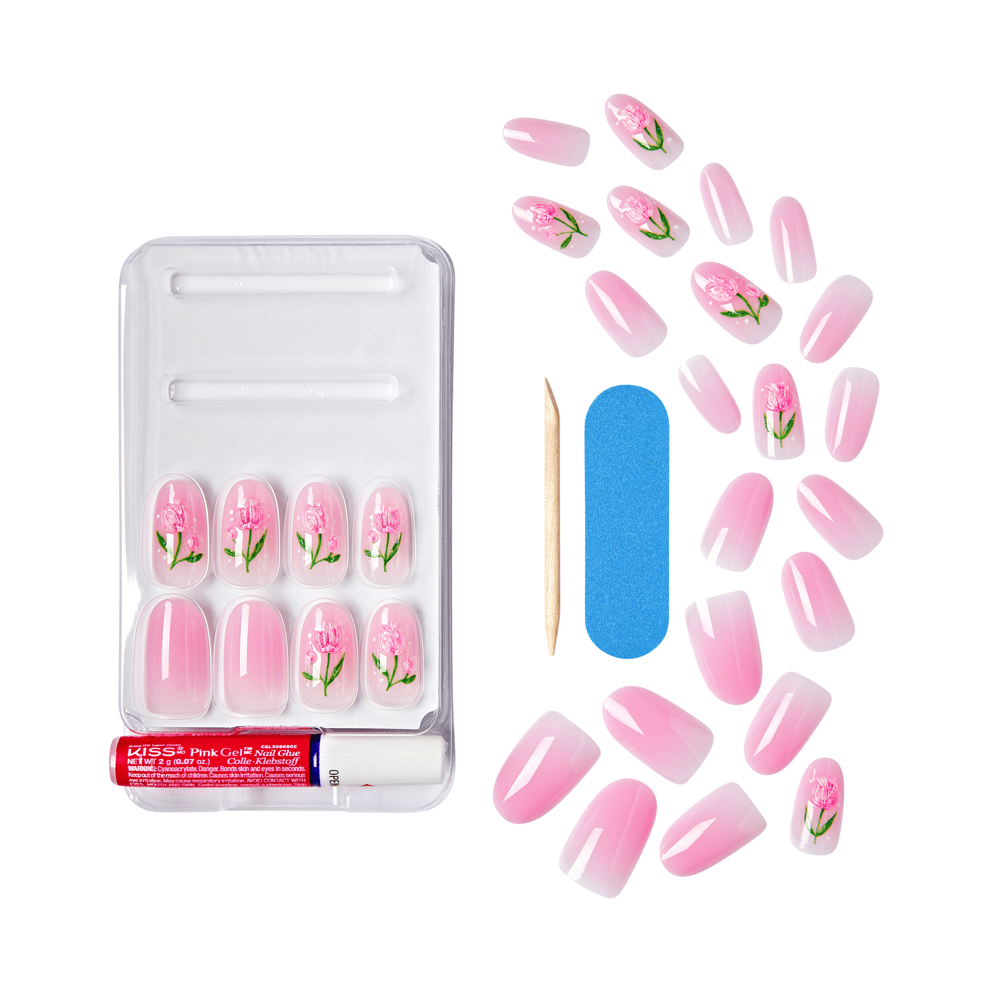 Set of pink ombre press-on nails with hand-painted rose designs, including nail glue, wooden cuticle stick, and blue nail file, displayed on white background.
