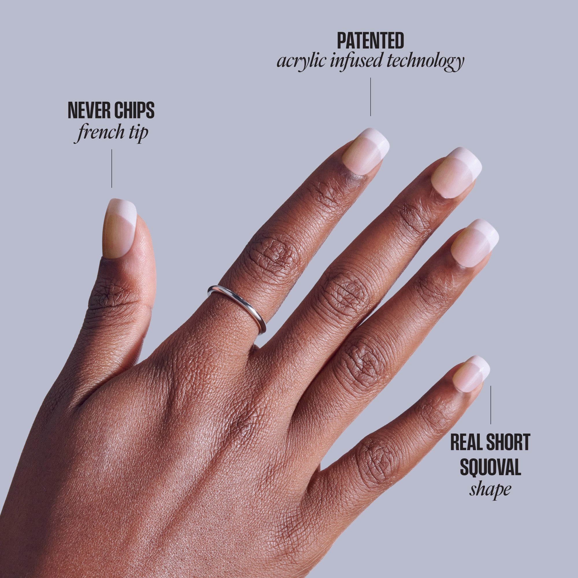 Hand displaying acrylic nails with French tips, patented acrylic infused technology, never chips, real short squoval shape.