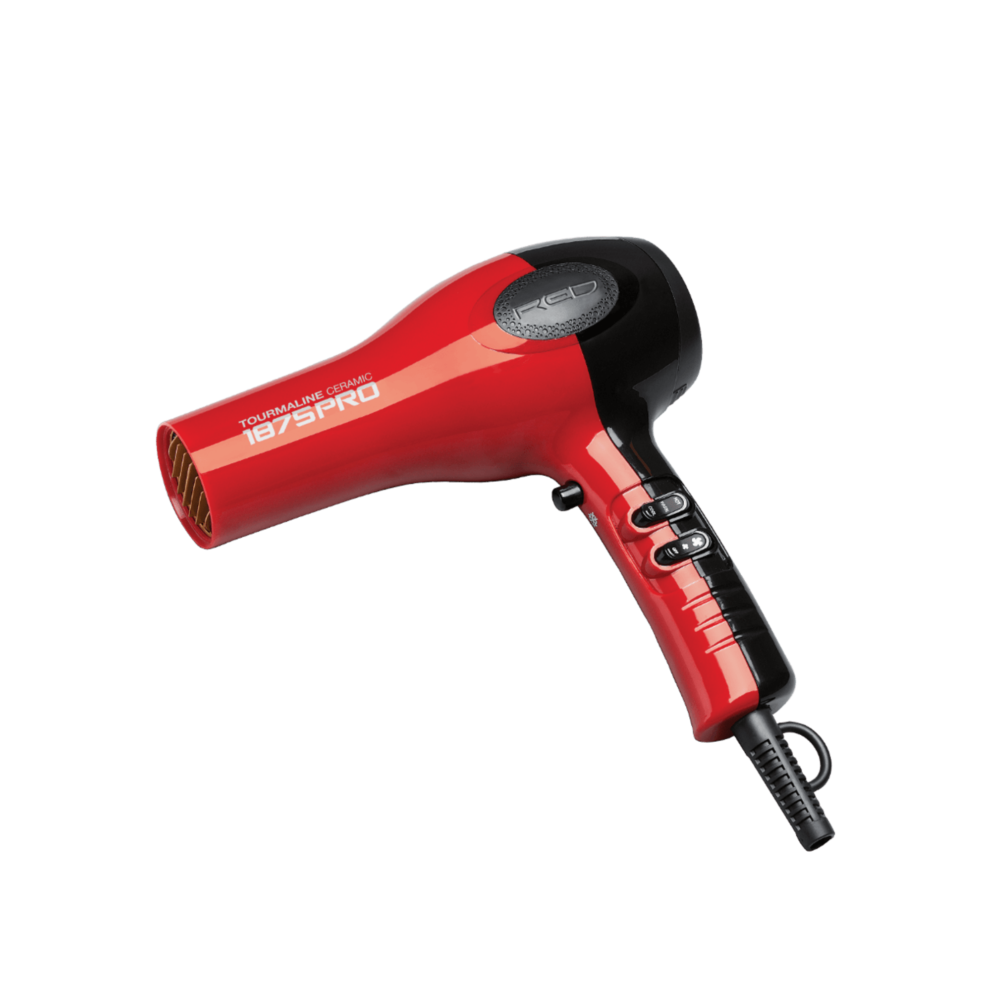 Red and black 1875 Pro Tourmaline Ceramic hair dryer with two control switches and "Tourmaline Ceramic 1875 PRO" text on the side.