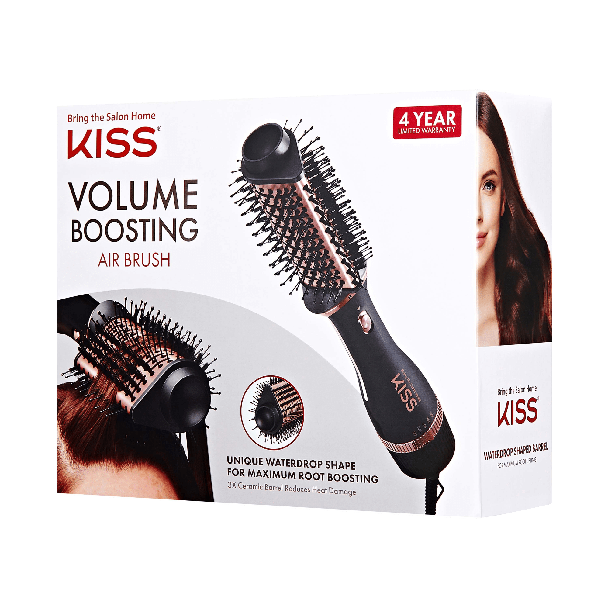 Packaging for KISS Volume Boosting Air Brush shows a black and rose gold air brush with a unique waterdrop-shaped barrel, promoting maximum root boosting and reduced heat damage. Includes a 4-year limited warranty and a woman with long brown hair on the side.