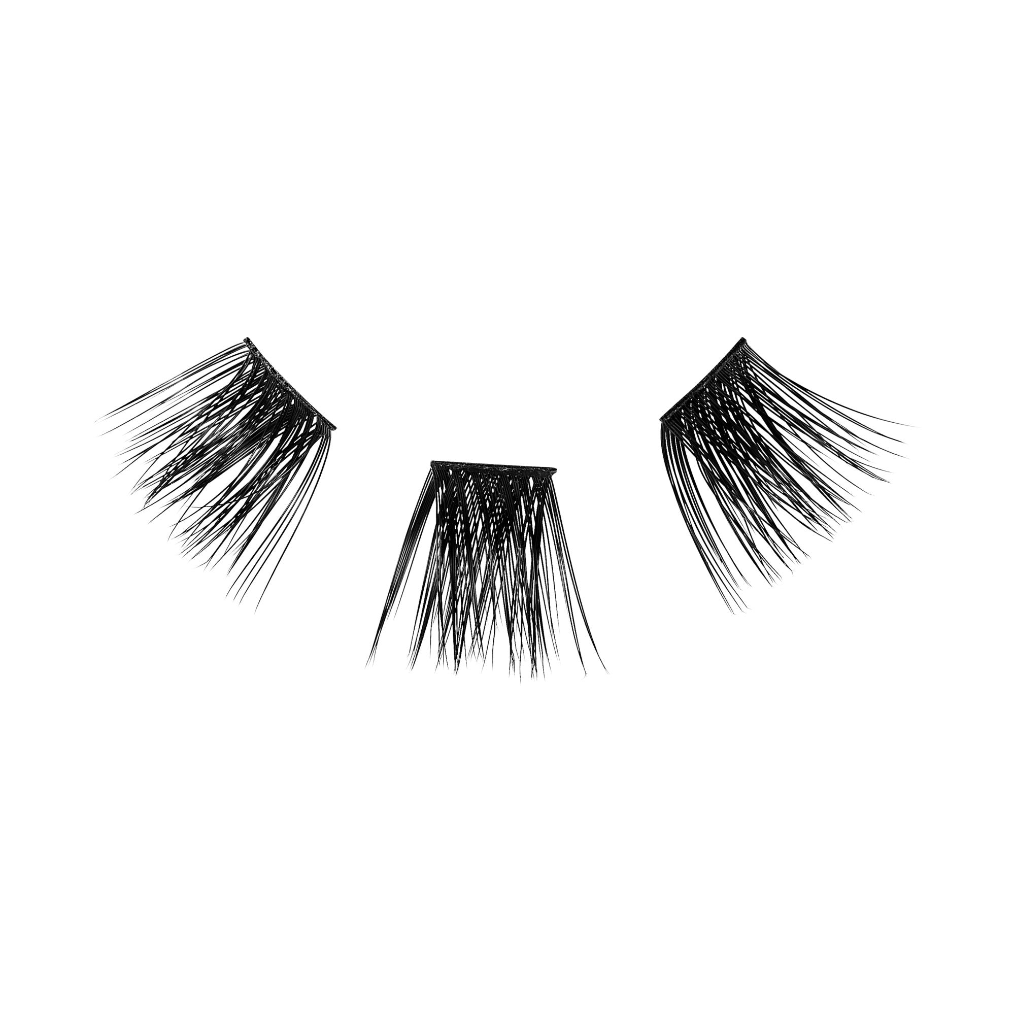 Three black false eyelash segments arranged on a white background, showing a wispy, dramatic style with uneven lengths, designed for added eye flair.