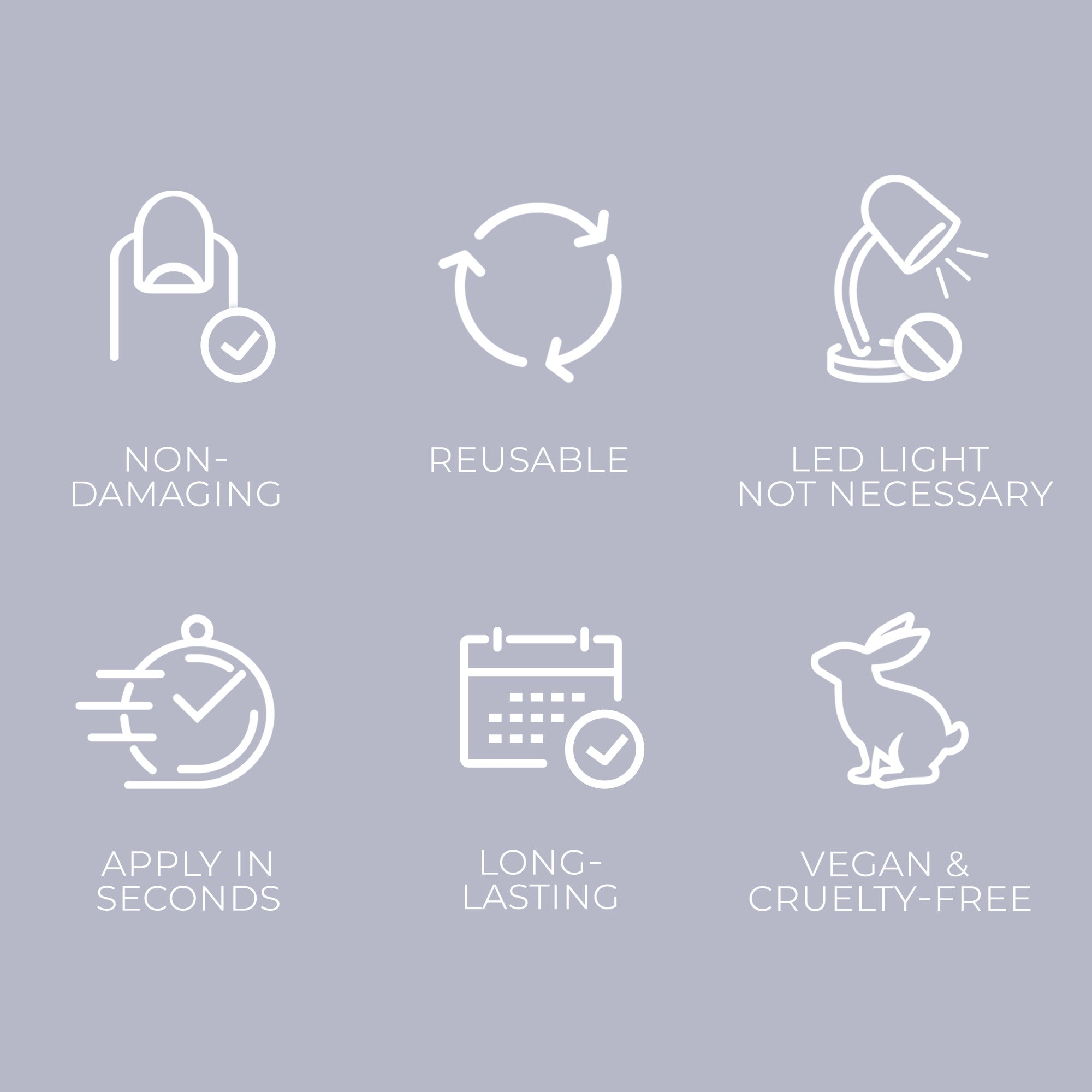 Six white line icons on a light purple background highlighting press-on nails&