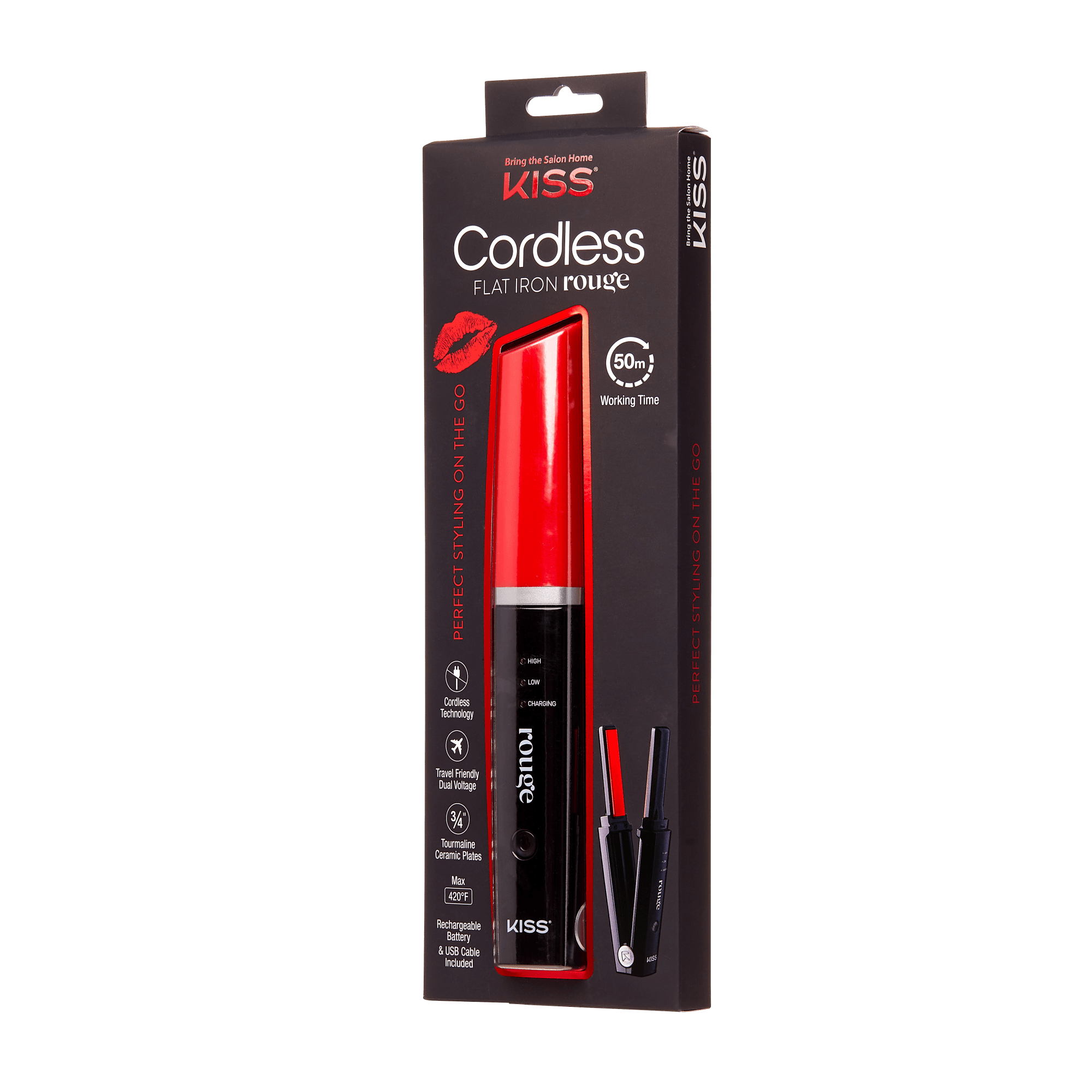 KISS Cordless Flat Iron Rouge in black and red packaging, highlighting 50-minute cordless working time, travel-friendly dual voltage, and rechargeable battery with USB cable included.
