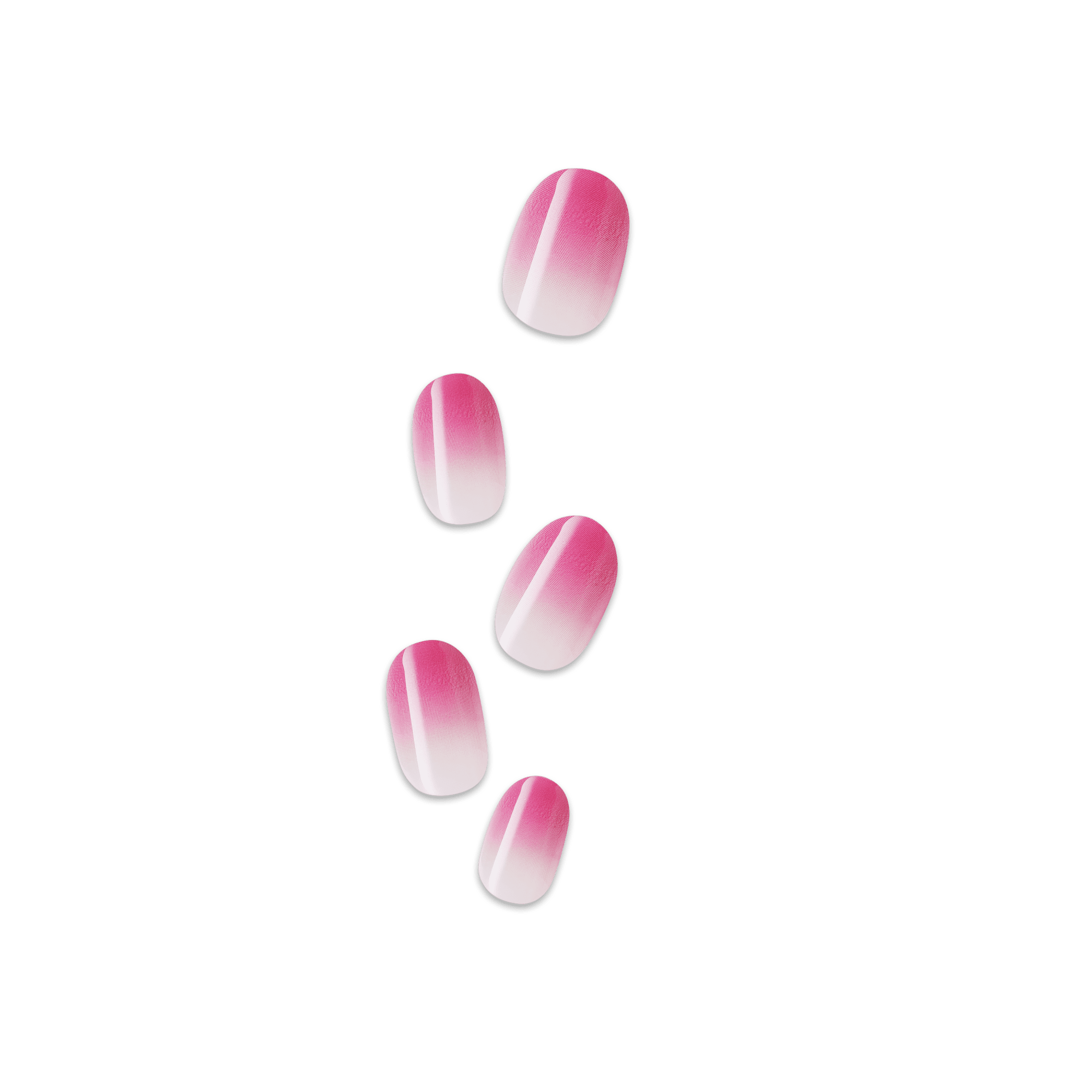 Set of six press-on nails displayed on a white background, featuring a pink-to-white ombre design with a glossy finish.